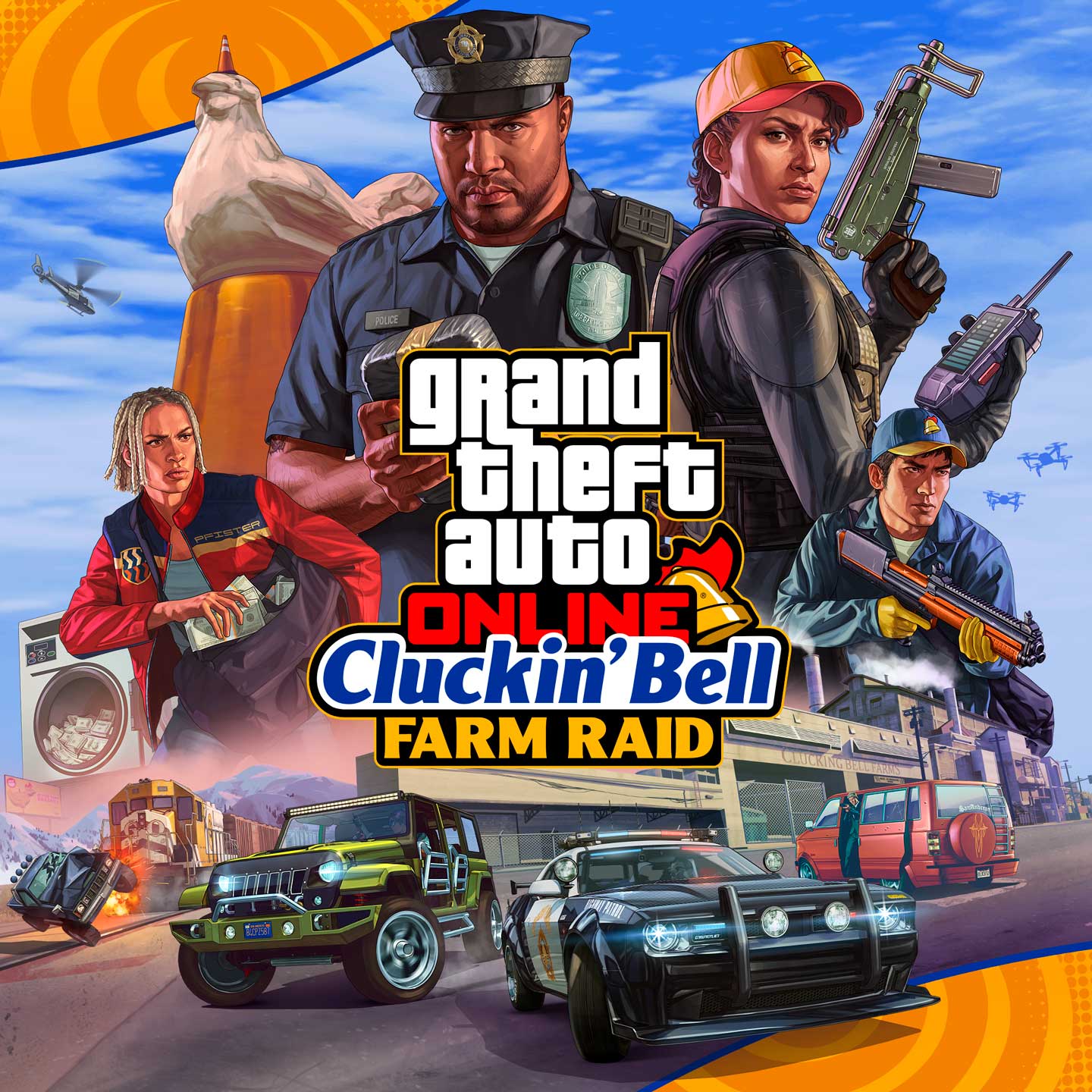 Grand Theft Auto在线模式“当当钟农场突袭”的海报。各个角色和各种物品在警官文森特·艾芬伯格的周围。