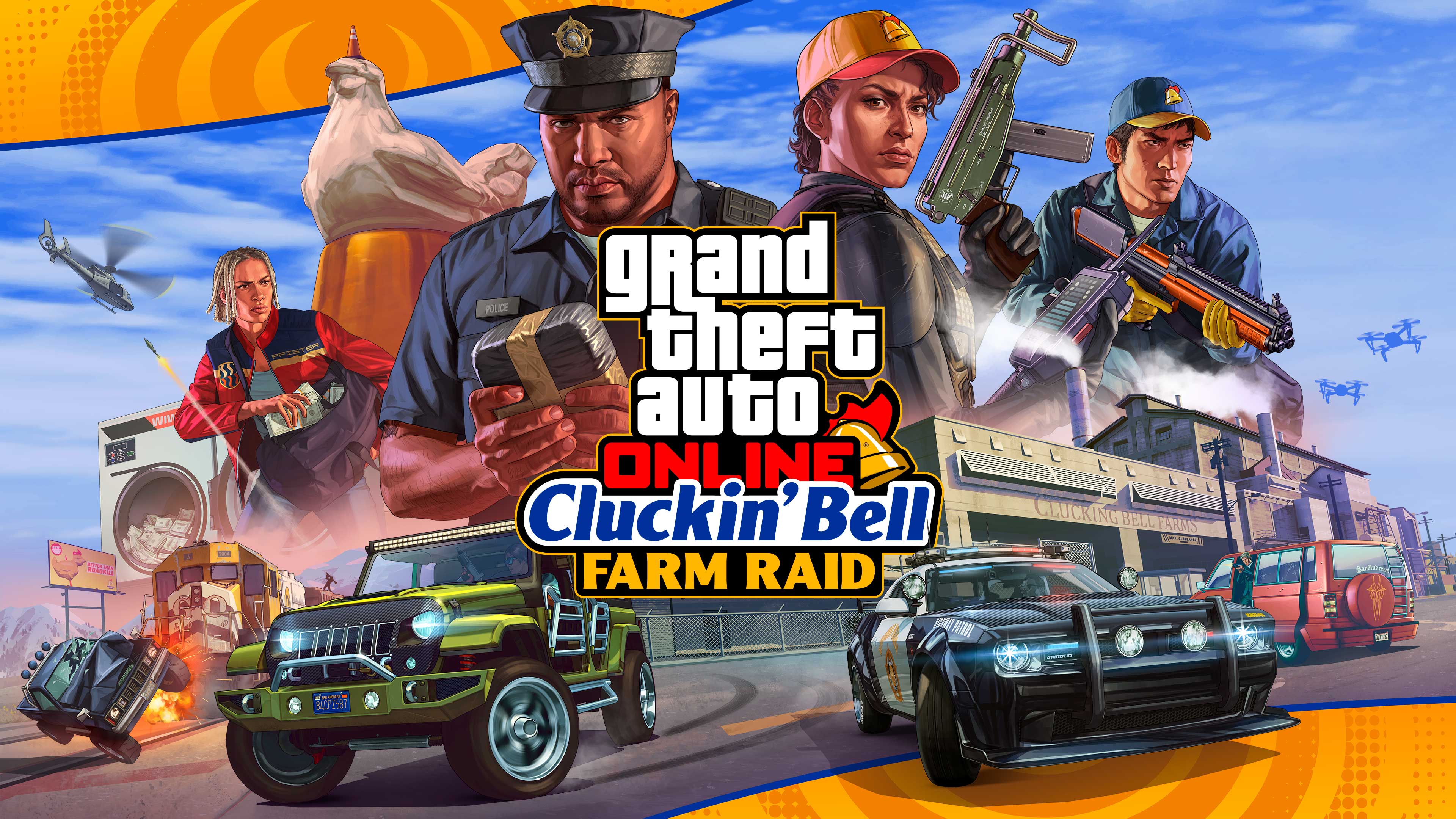 Grand Theft Auto在线模式“当当钟农场突袭”的海报。各个角色和各种物品在警官文森特·艾芬伯格的周围。