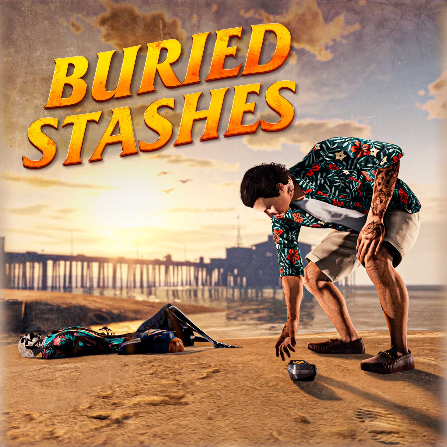 地下藏匿品海报，绘有一名 GTA 在线模式玩家穿着夏威夷衬衫，从骷髅身边的沙地上捡起了一件设备。