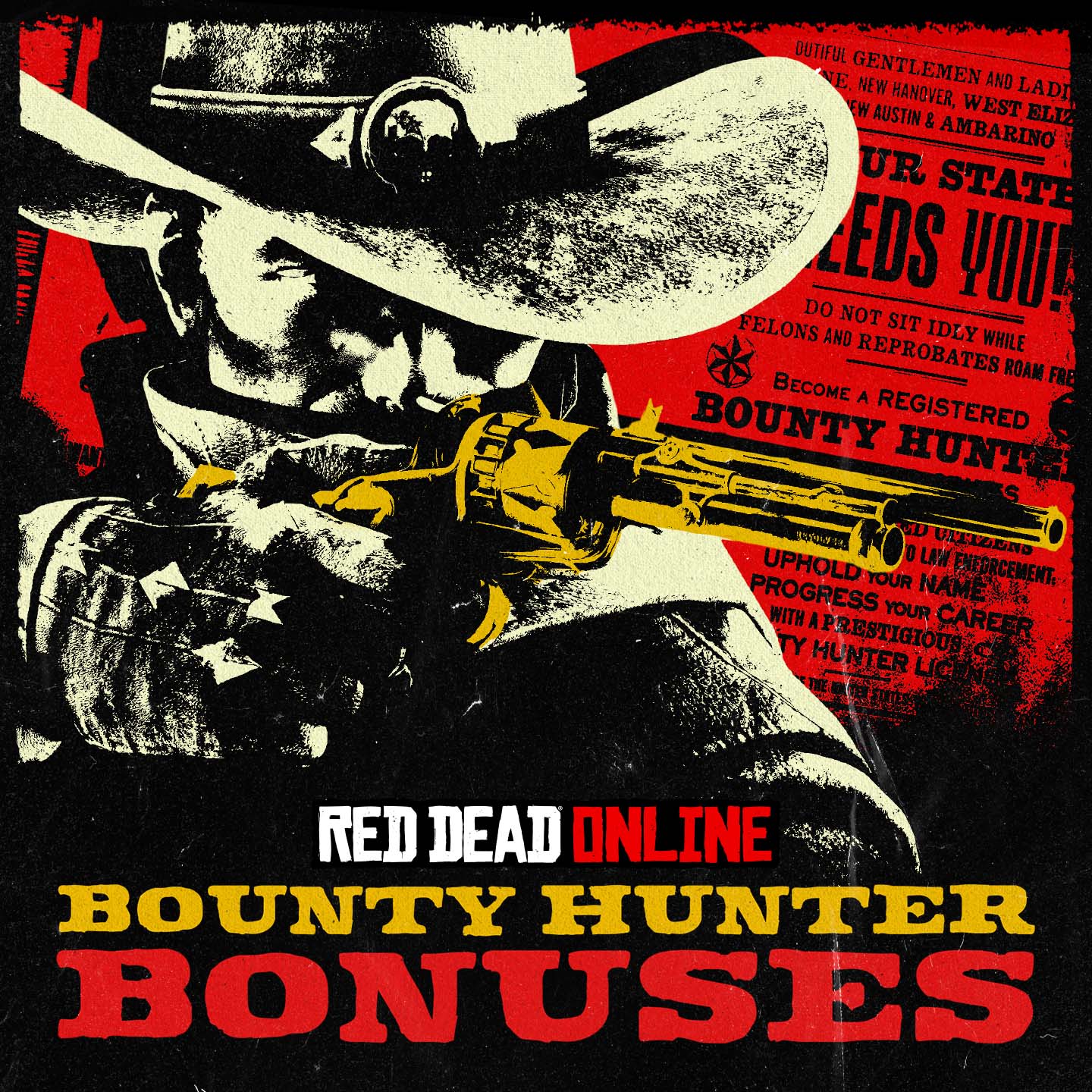 Red Dead 在线模式的赏金猎人奖励活动海报，内容为一名手持左轮手枪的角色，背景为通缉令。