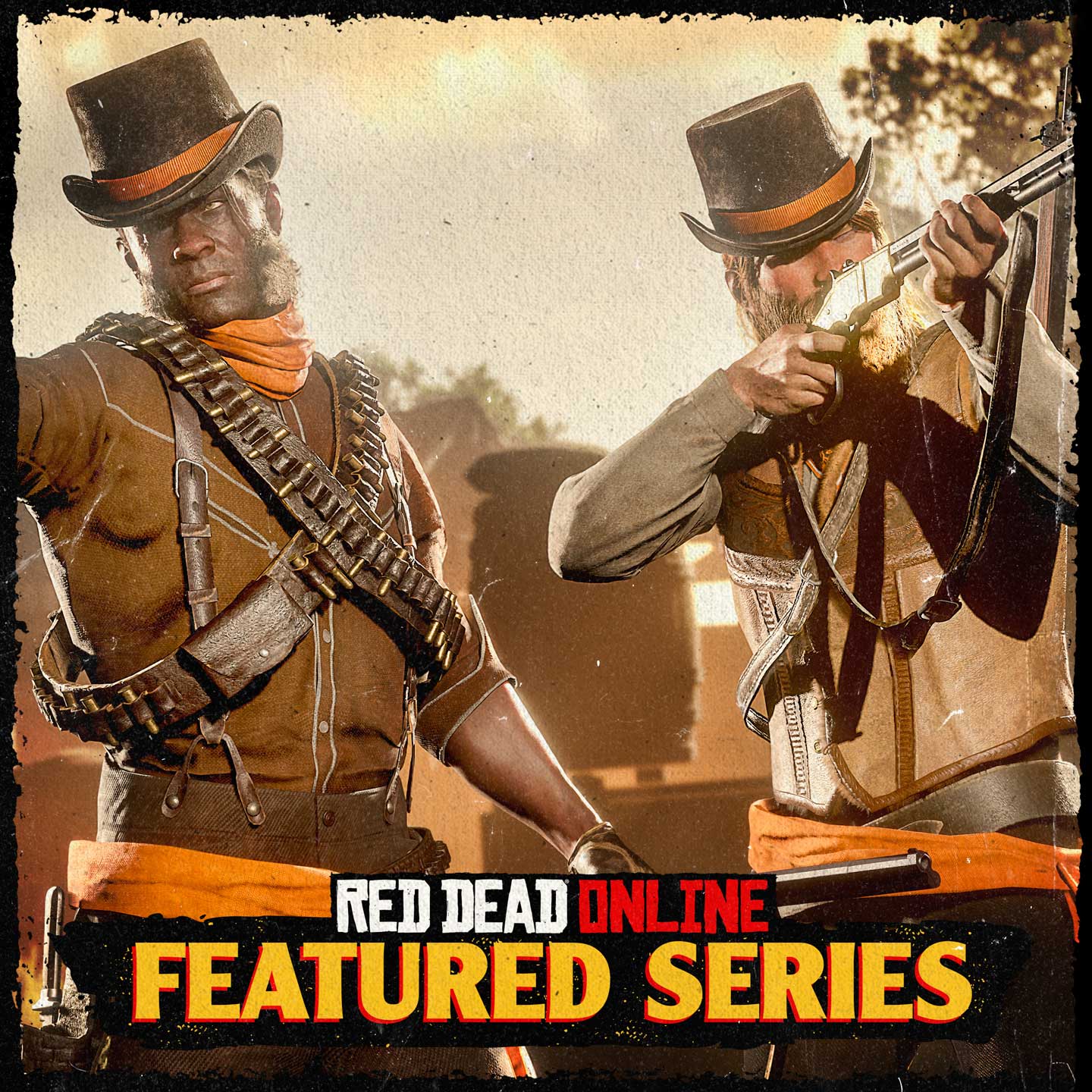 Red Dead在线模式精选系列赛活动海报，内容为两名Red Dead在线模式的角色向画面外开枪。