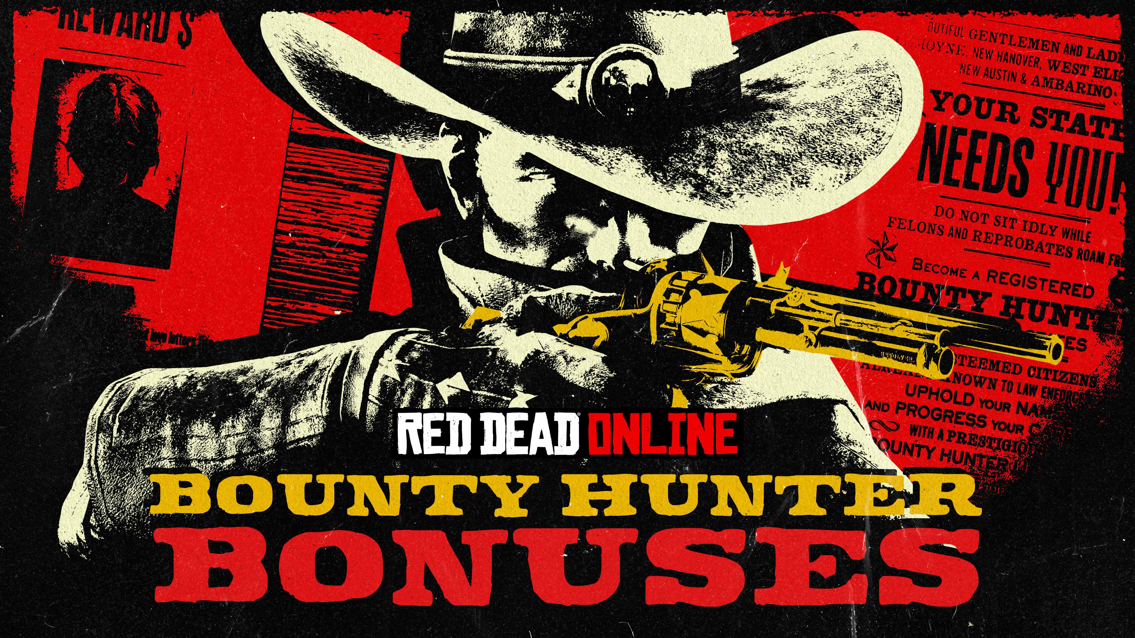 Red Dead 在线模式的赏金猎人奖励活动海报，内容为一名手持左轮手枪的角色，背景为通缉令。