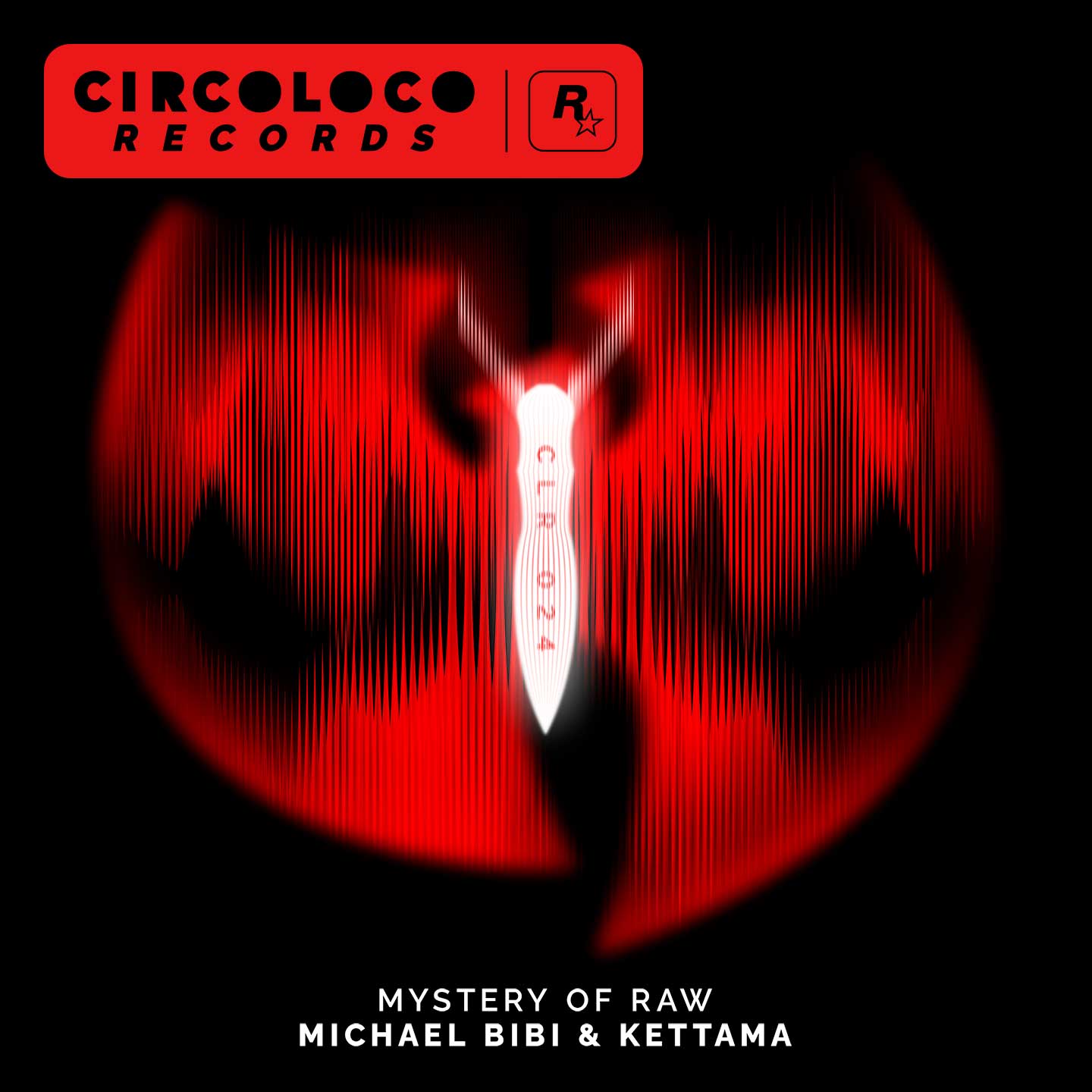 CircoLoco Records海报，绘有一只具有变形红色翅膀的昆虫，虫子身上有CLR 024的字样。文字内容为：Mystery of Raw。Michael Bibi与KETTAMA。