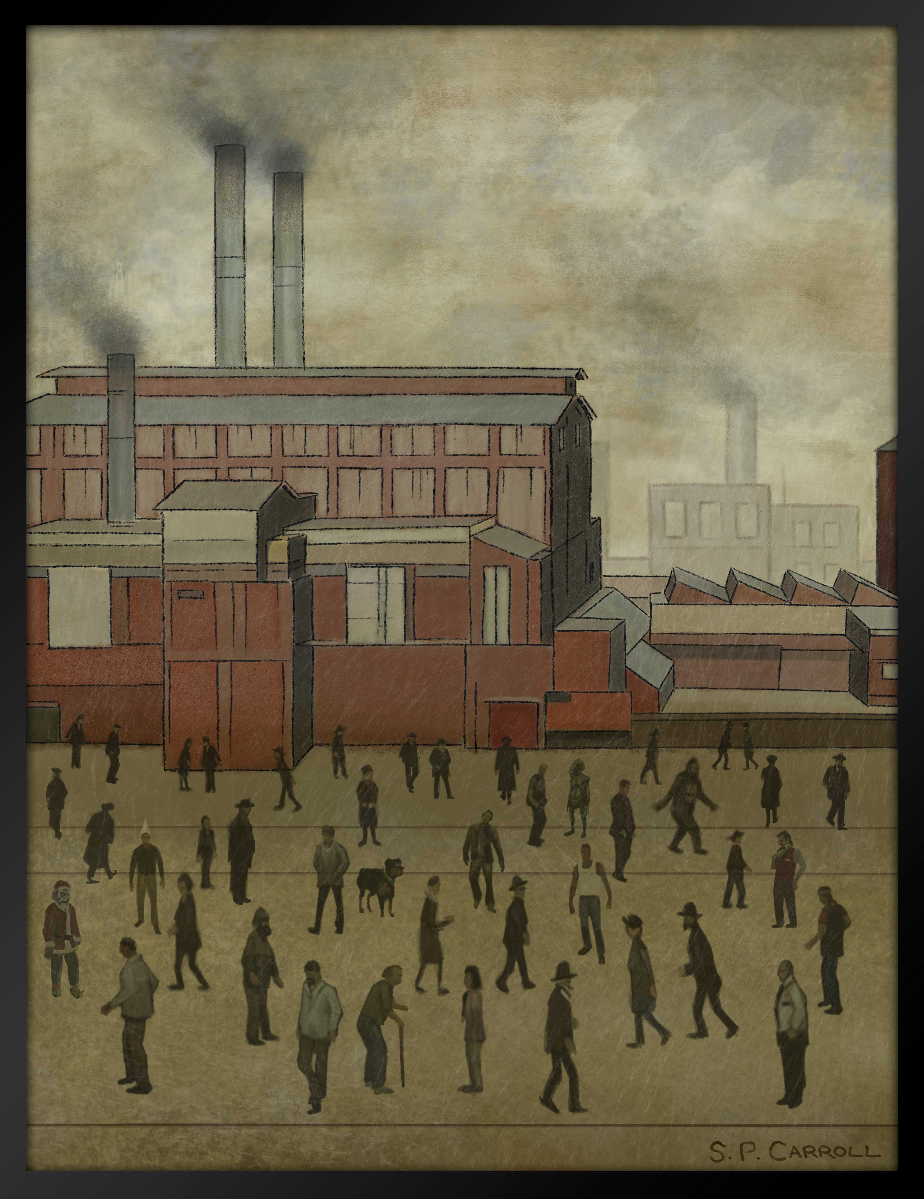 一幅画作，绘有一个巨大工厂。巨大灰色烟囱排放着灰色烟雾，染黄了天空。工厂外有一群人漫步经过。画作上有S.P. Carroll的签名。