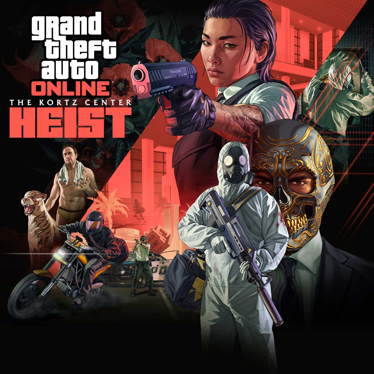 “Grand Theft Auto 在线模式：科兹中心豪劫”海报，拼贴展示着不同角色，包括站在老虎雕刻作品边上的费伯先生、骑车逃离警察的摩托车手、使用手枪瞄准的一名角色、穿着白色连身服戴着防毒面具、手持步枪偷窃画作的一名角色，还有一名穿着西装戴着华丽面具的角色。