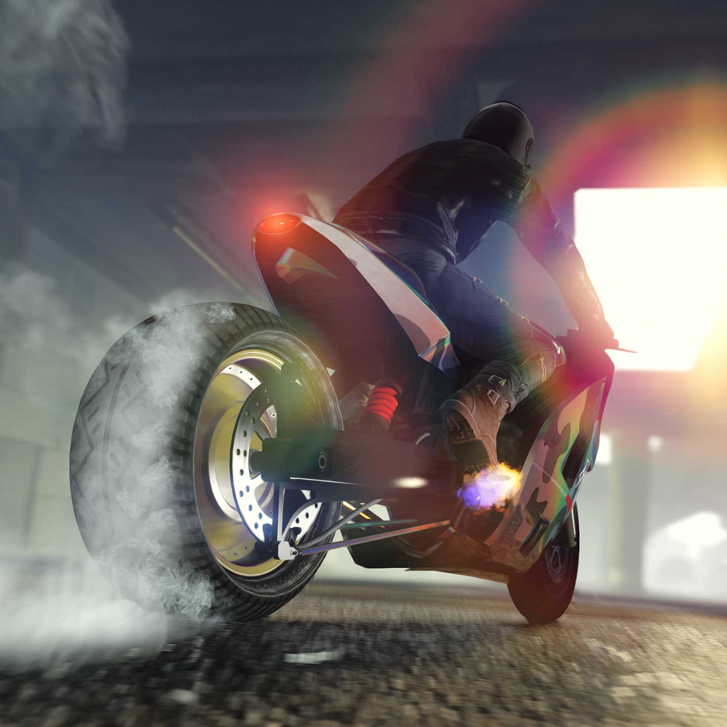 GTA 在线模式玩家正在旋转一辆涂有洋红色/黄色幻彩变色龙轮漆的摩托车的车轮。