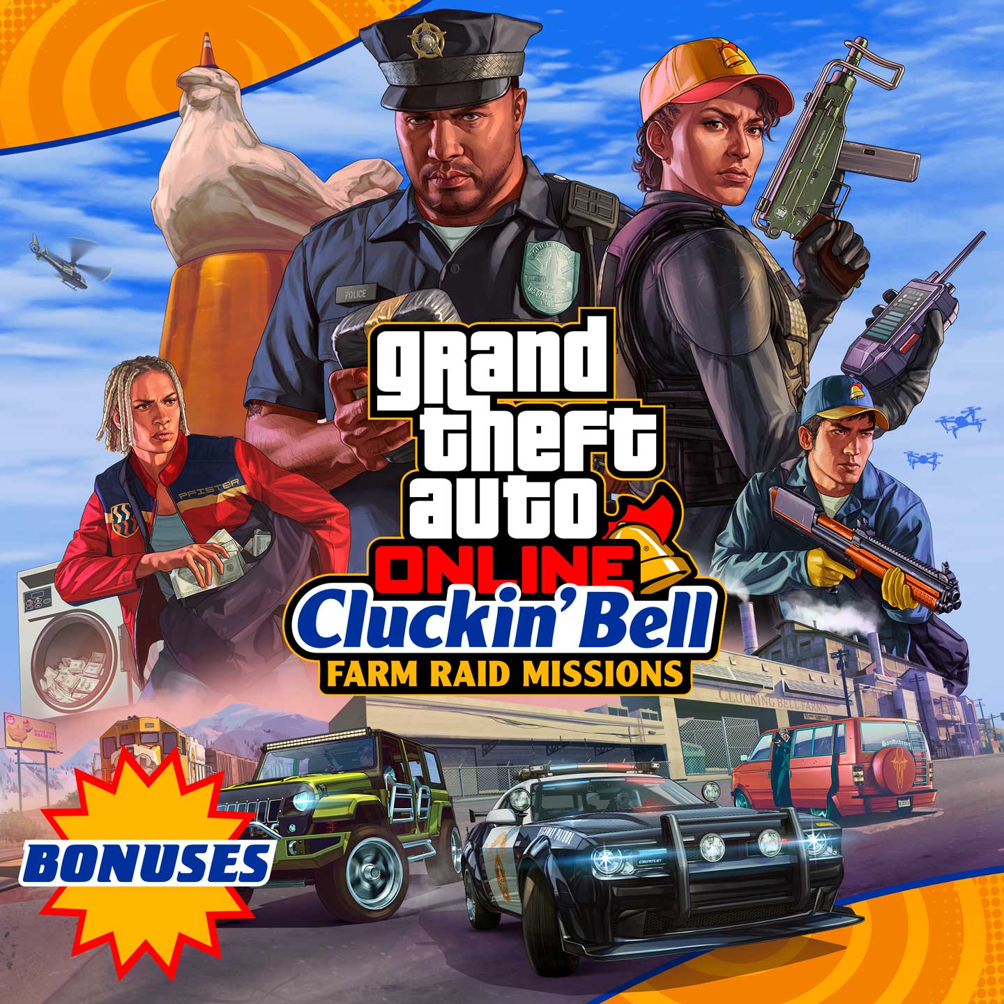 GTA 在线模式“当当钟农场突袭”奖励的海报。各个角色和各种物品在警官文森特·艾芬伯格的周围。