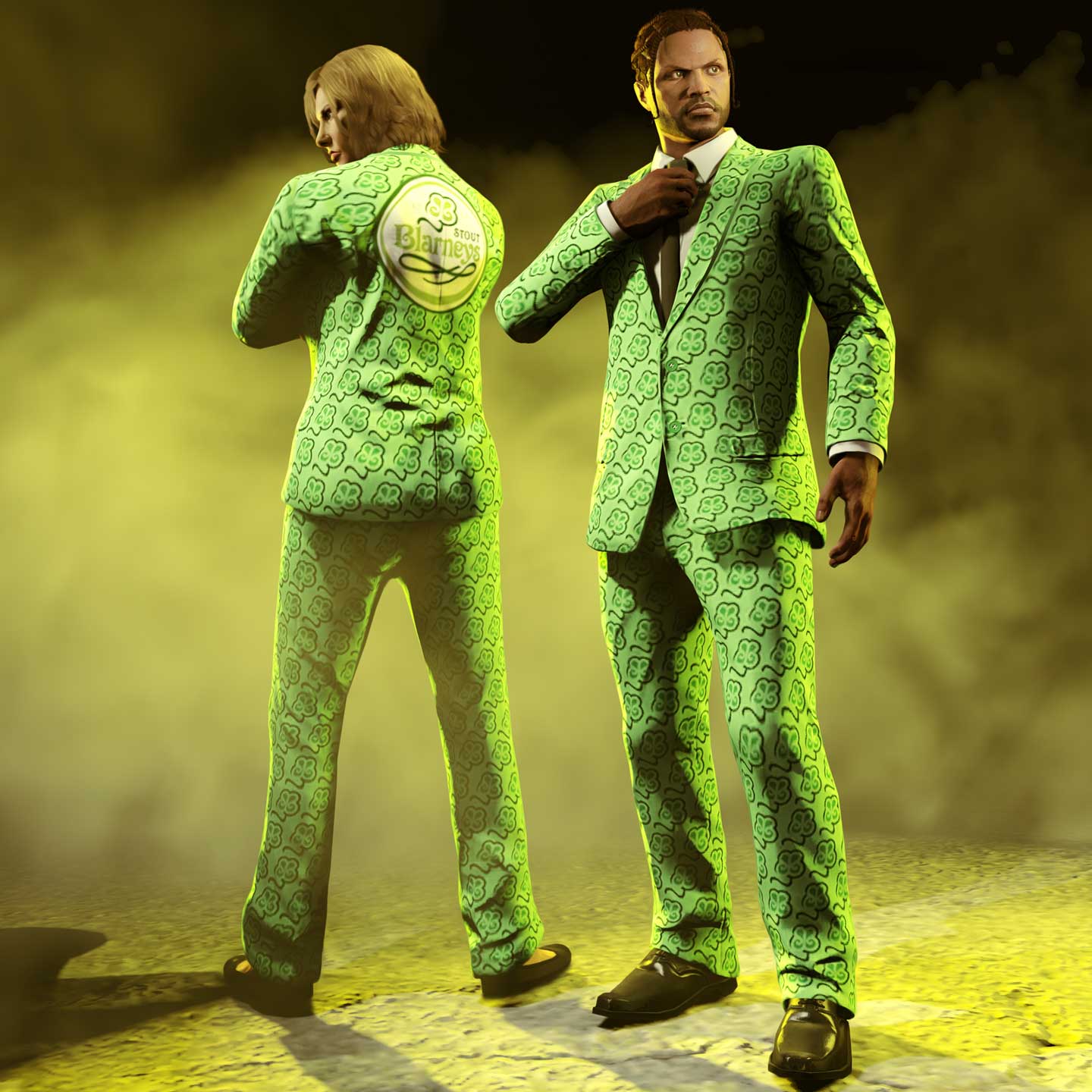 A green St. Patrick’s Day Jacket and Pants outfit with a four-leaf clover pattern and a Stout Blarney’s logo on the blazer’s back.