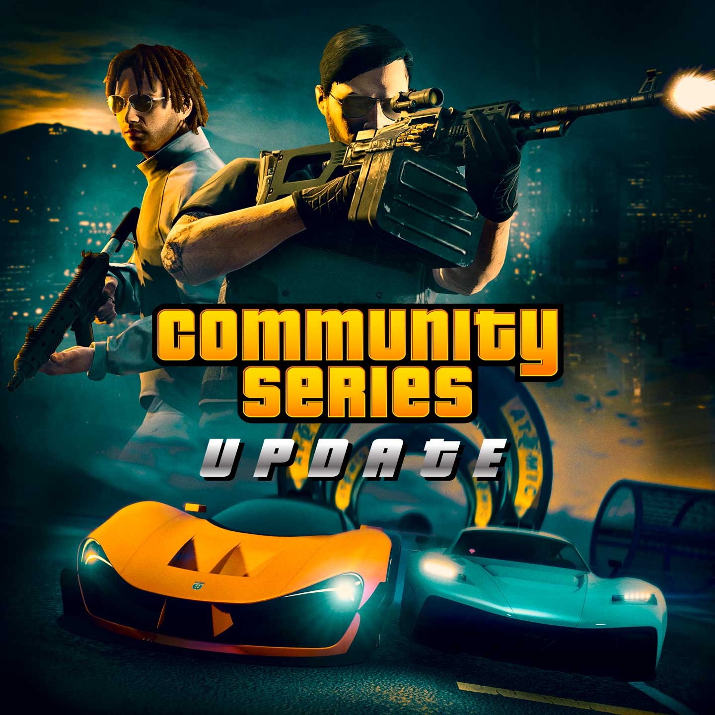 社区系列更新海报，绘有两名持枪 GTA 在线模式角色以及两辆特技竞速中的车辆。