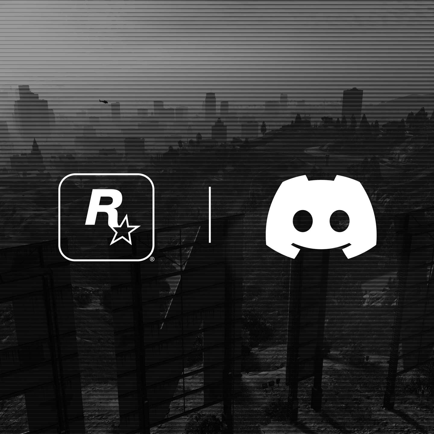 Rockstar Games 和 Discord 的徽标，背景是洛圣都的天际线。
