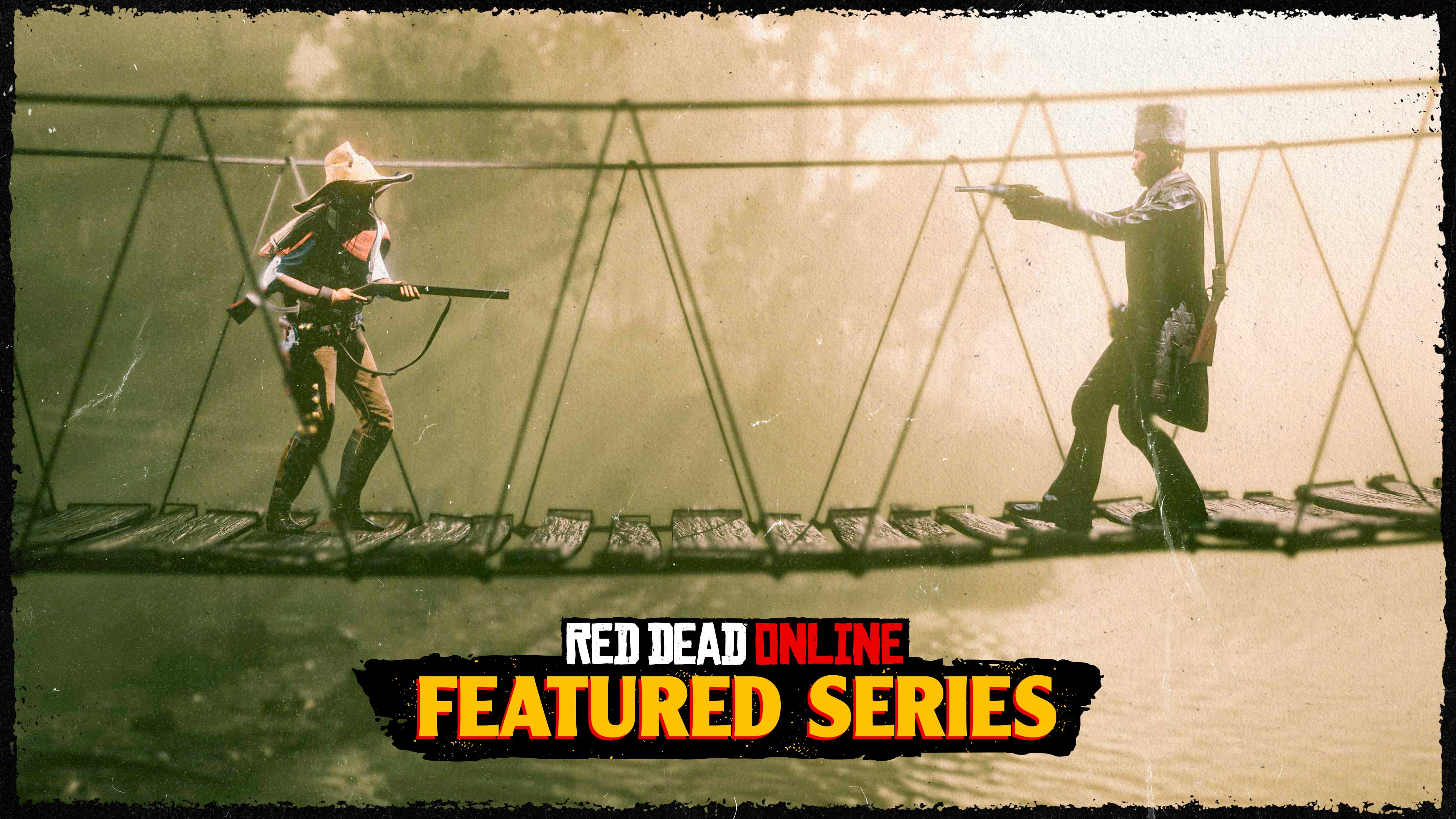Red Dead 在线模式精选系列赛的海报。两名角色站在摇摇晃晃的木桥上，互相举起武器瞄准对方。