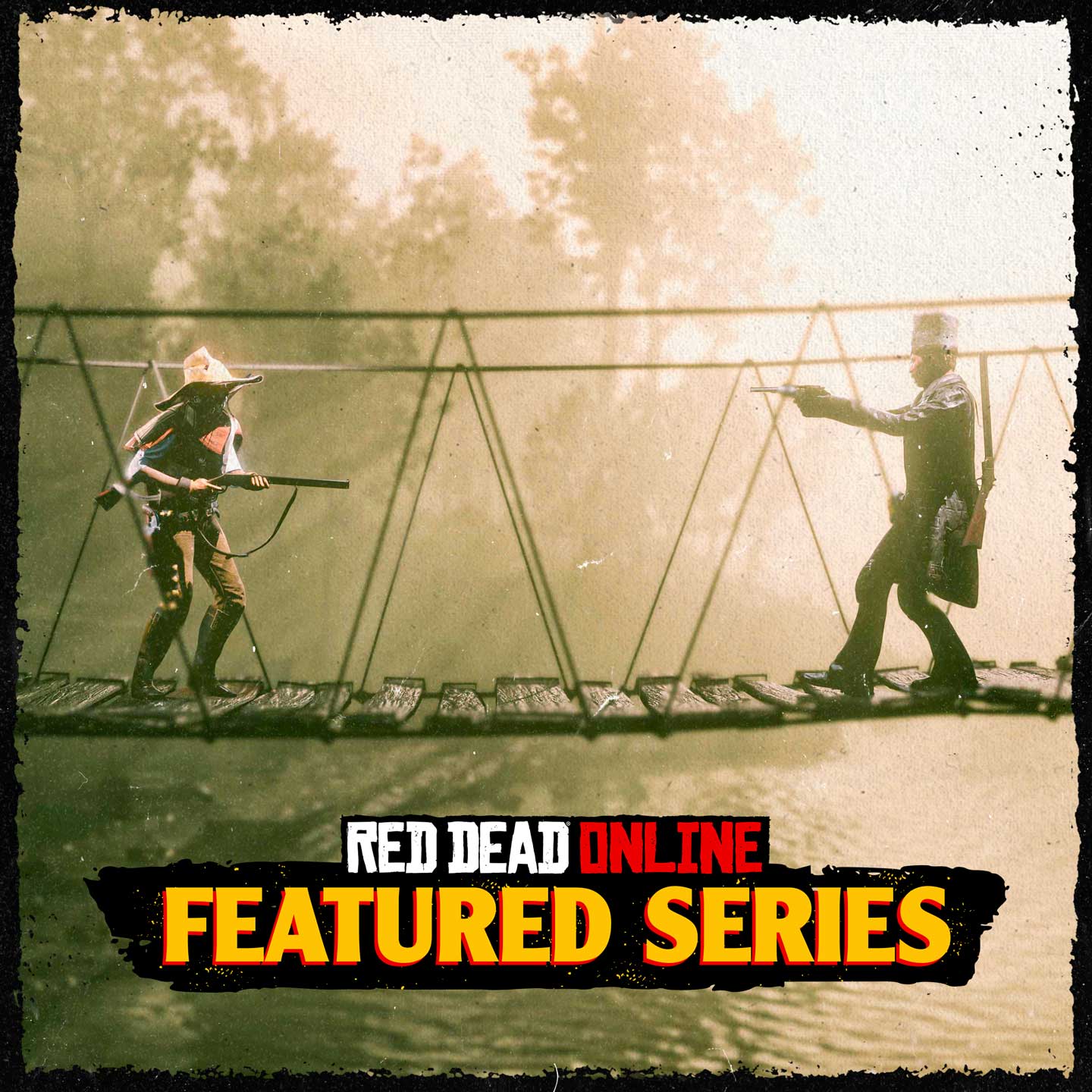 Red Dead 在线模式精选系列赛的海报。两名角色站在摇摇晃晃的木桥上，互相举起武器瞄准对方。