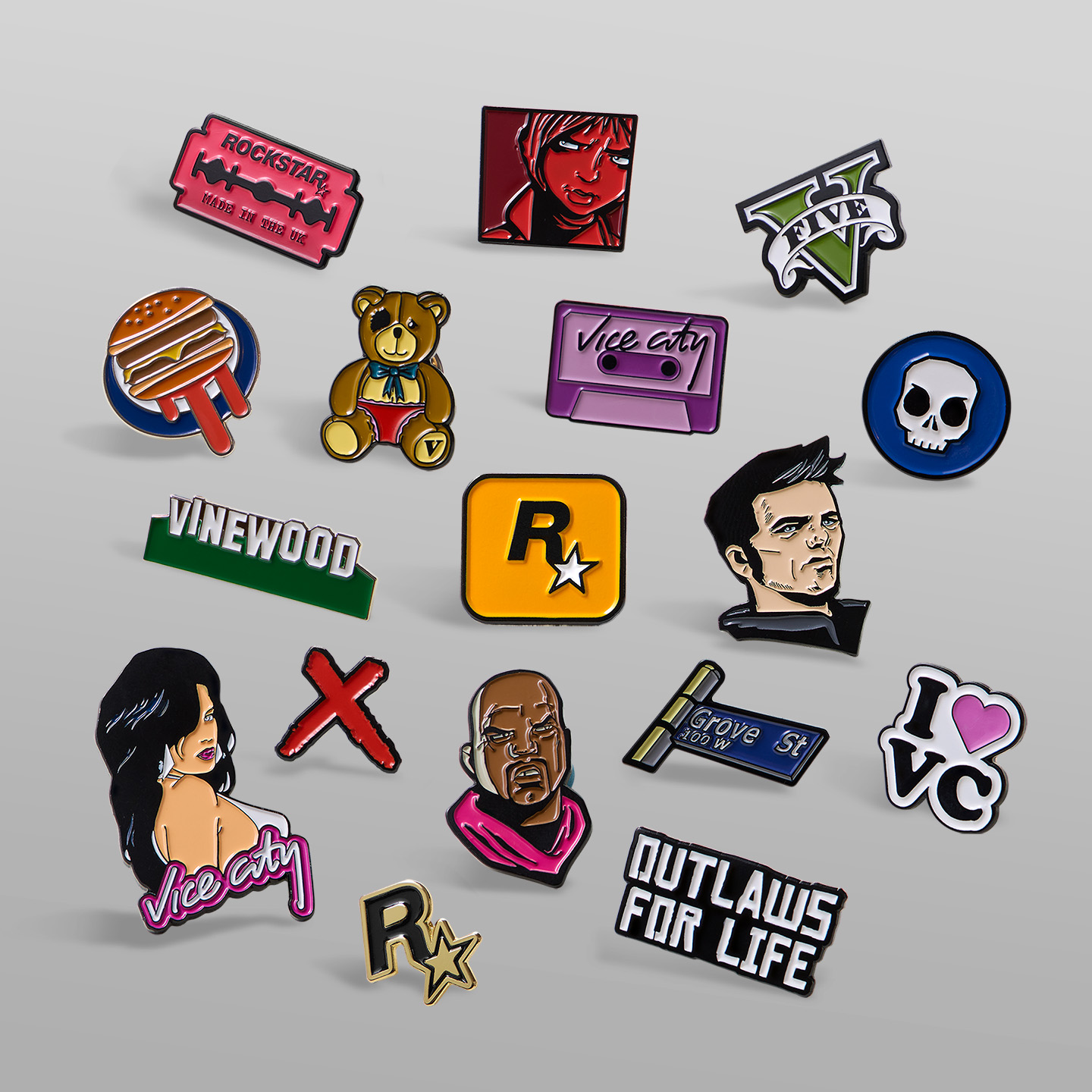 各式各样的Rockstar Games徽章，上有各款游戏的角色和标志。