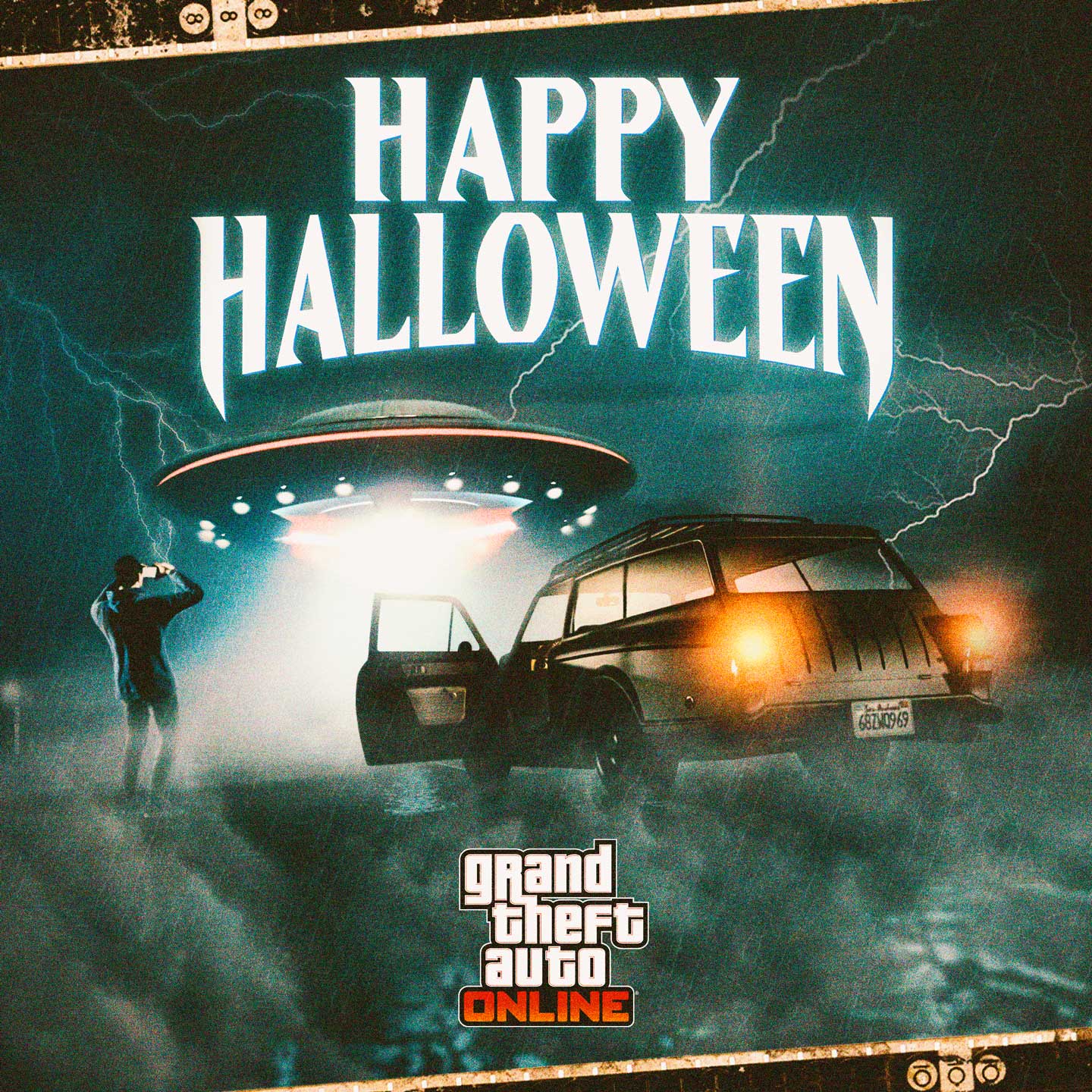 Grand Theft Auto 在线模式的万圣节快乐活动海报，其中一名角色用手遮住眼睛，望向一个明亮的不明飞行物。