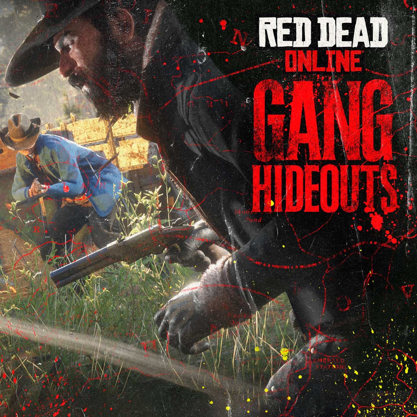 Red Dead 在线模式帮派藏身处活动海报，绘有角色们在一处强盗营地激烈交火的画面。