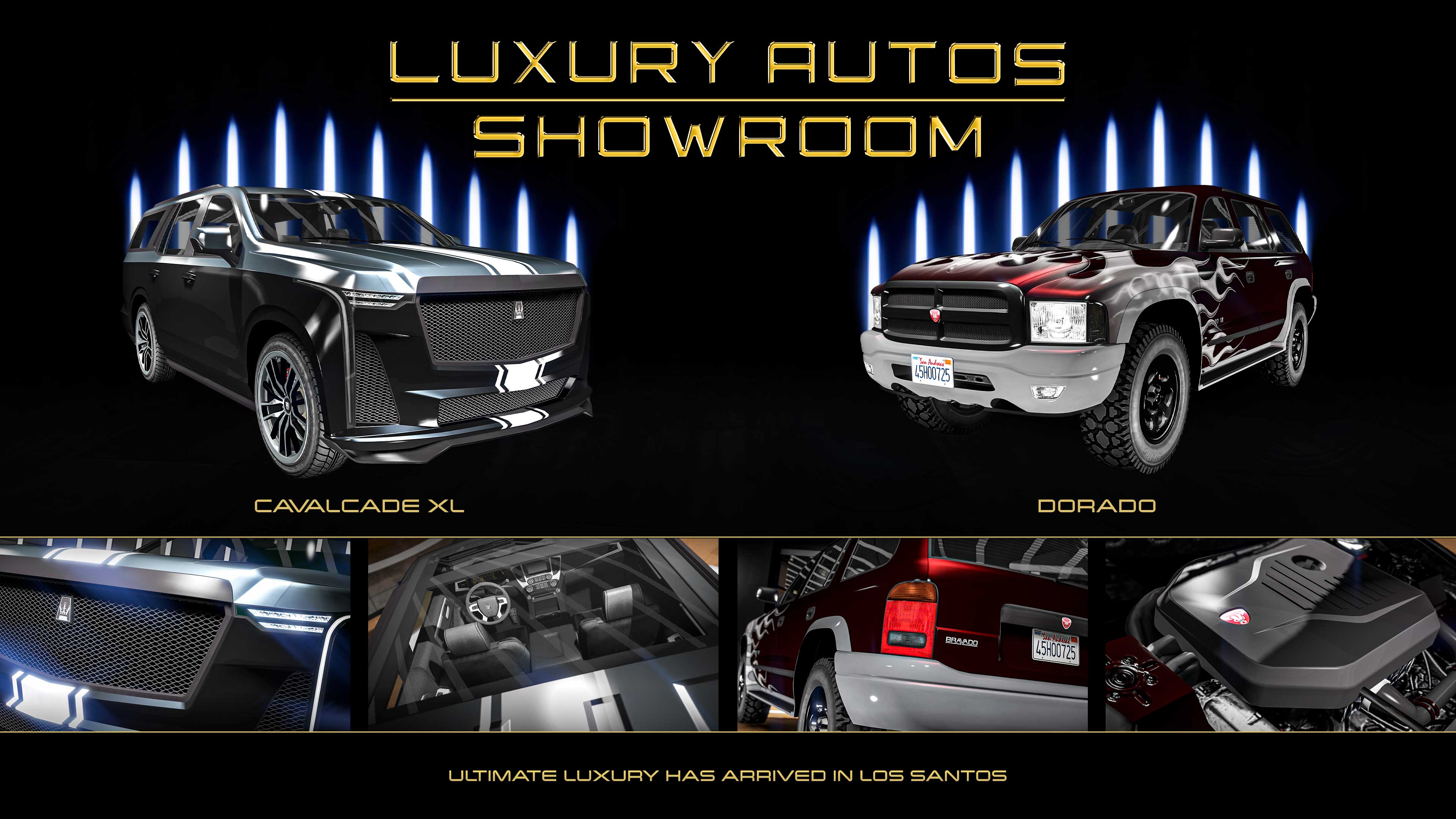 Poster for two Luxury Autos showroom cars. Left: A five-door black Albany Cavalcade XL with a central white racing stripe. Right: A dark red pearlescent five-door Bravado Dorado with a white flame livery.