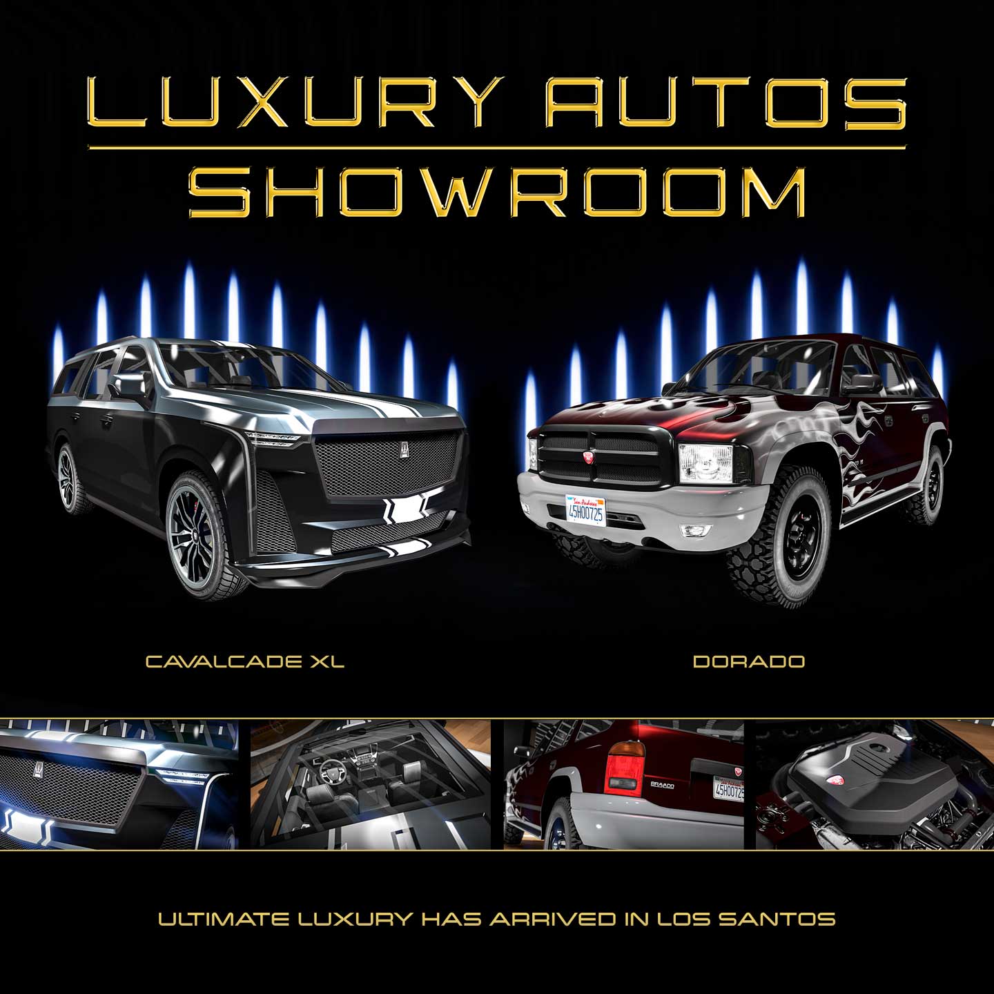 Poster for two Luxury Autos showroom cars. Left: A five-door black Albany Cavalcade XL with a central white racing stripe. Right: A dark red pearlescent five-door Bravado Dorado with a white flame livery.