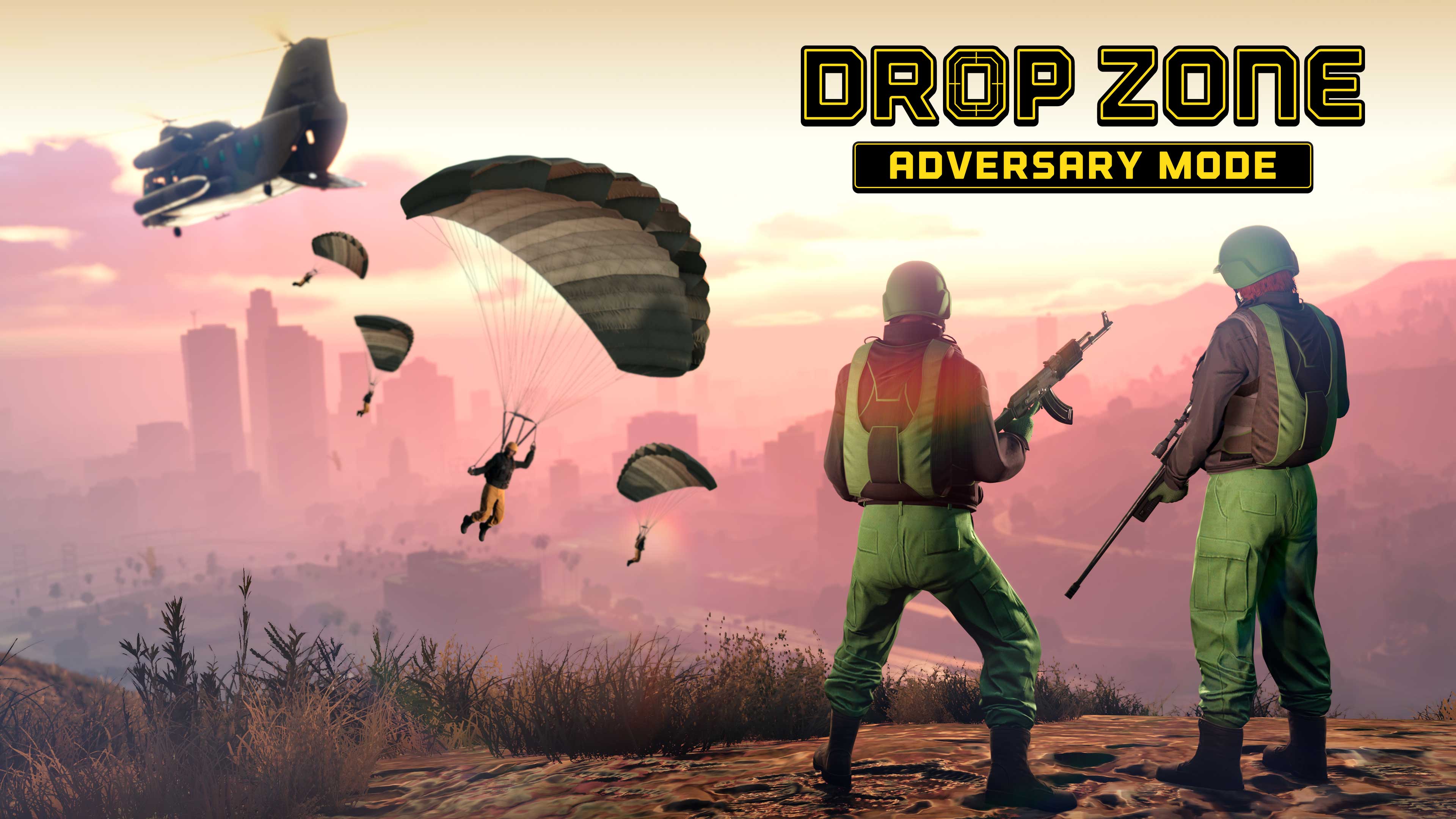 Grand Theft Auto Online Drop Zone Adversary Mode poster showing various GTA Online characters parachuting nearby a hill where two others stand armed and watching.