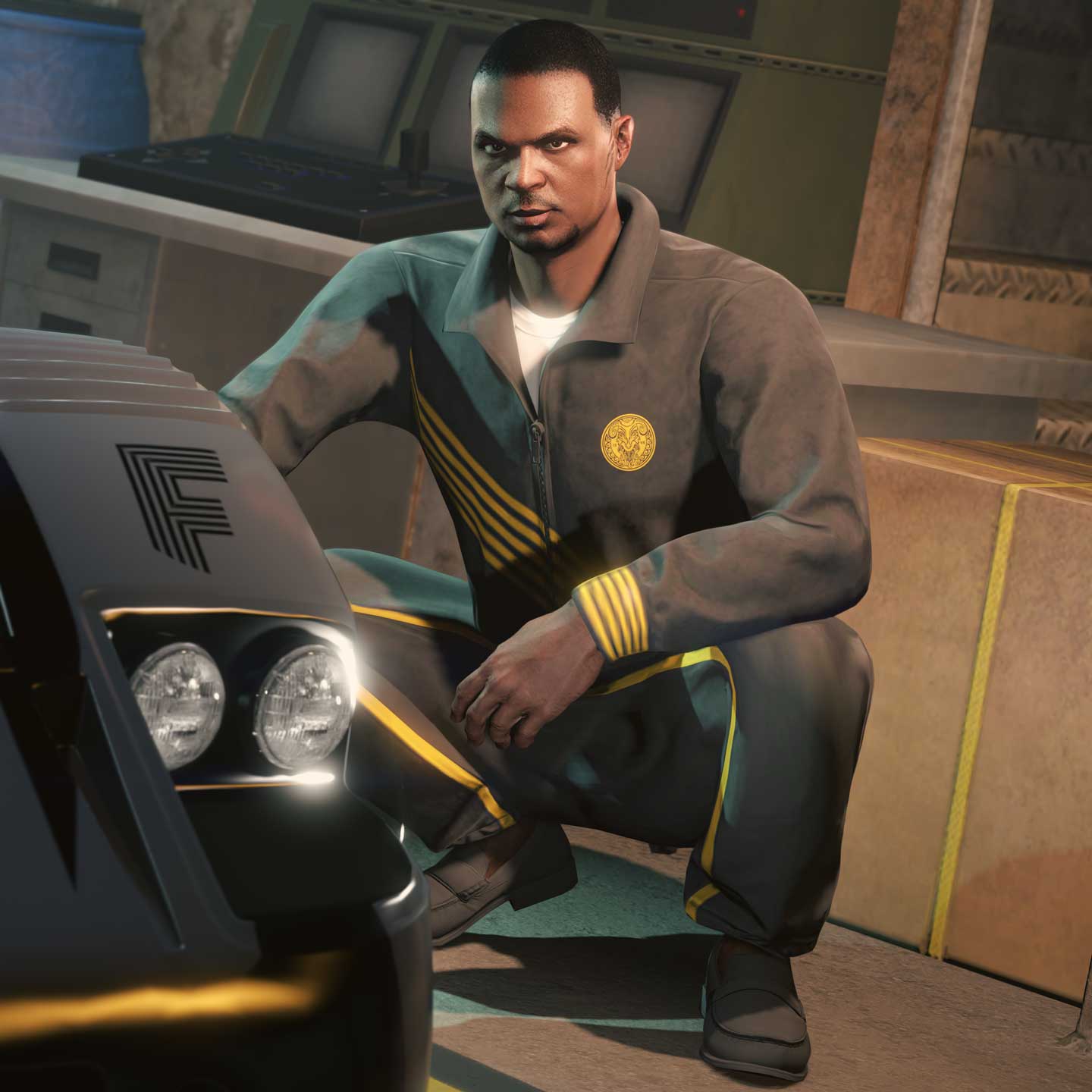 A GTA Online character wearing “The Sultan” Overalls — black with yellow stripes on the chest, cuffs, and legs.