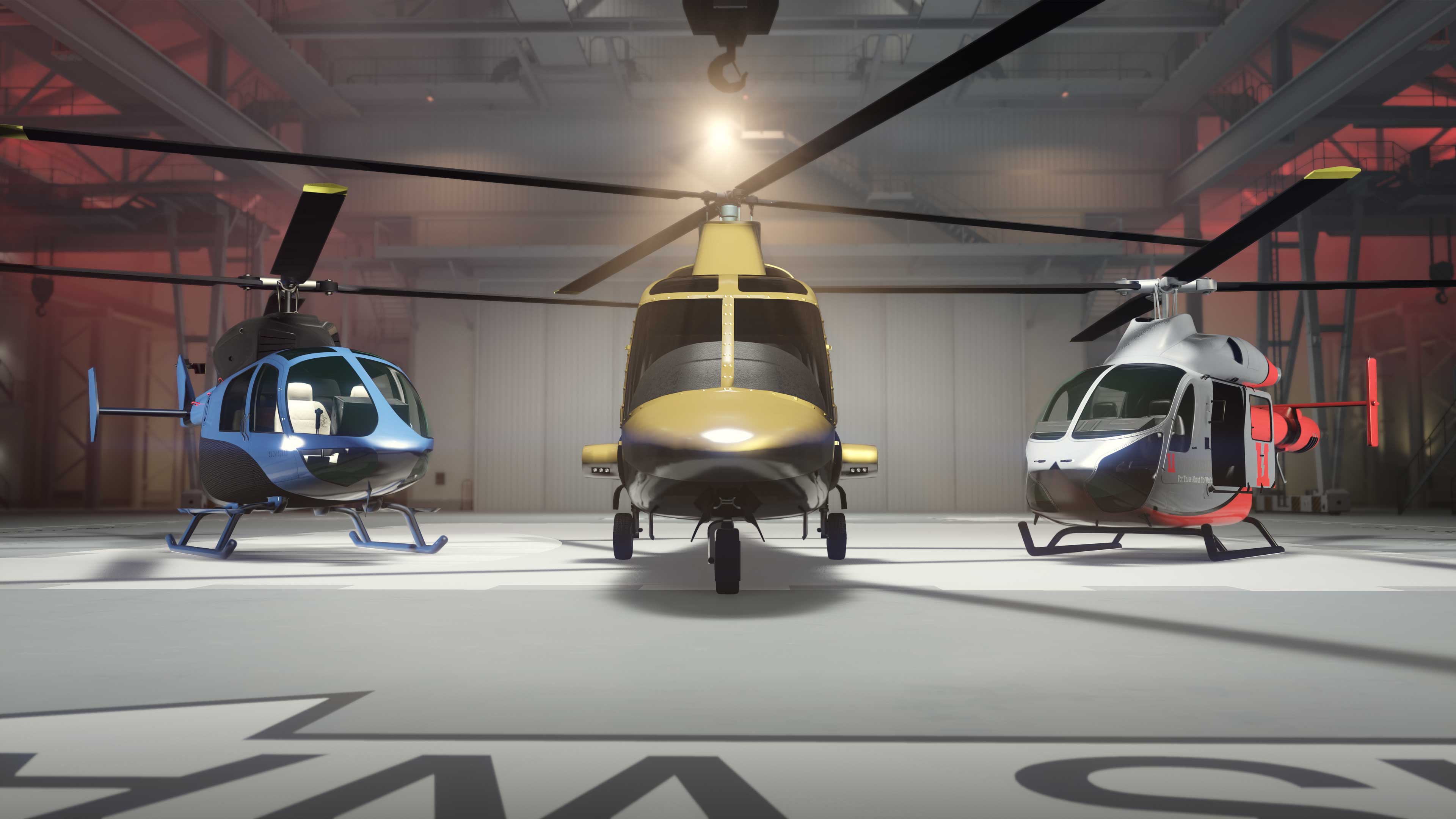 Three Buckingham helicopters side-by-side within a hangar.