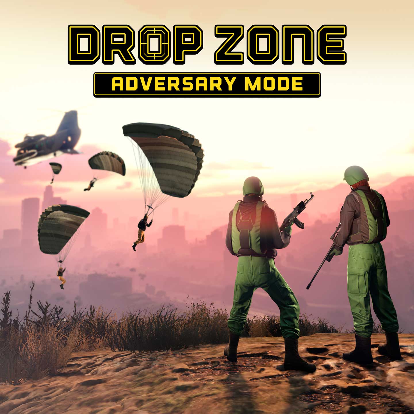Grand Theft Auto Online Drop Zone Adversary Mode poster showing various GTA Online characters parachuting nearby a hill where two others stand armed and watching.