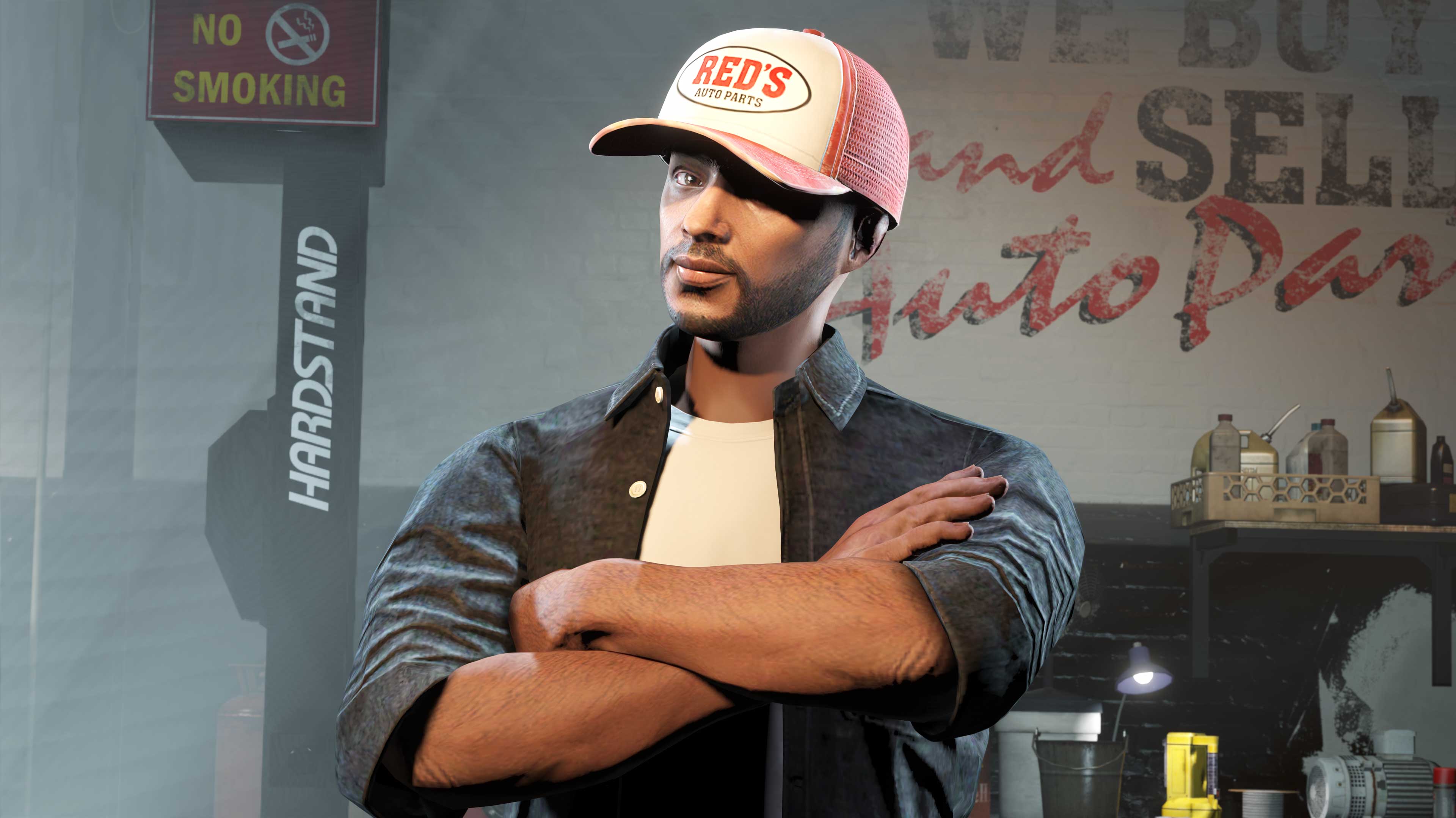 A GTA Online character wearing the white and red “Red’s Cap” with the Red’s Auto Parts Logo.