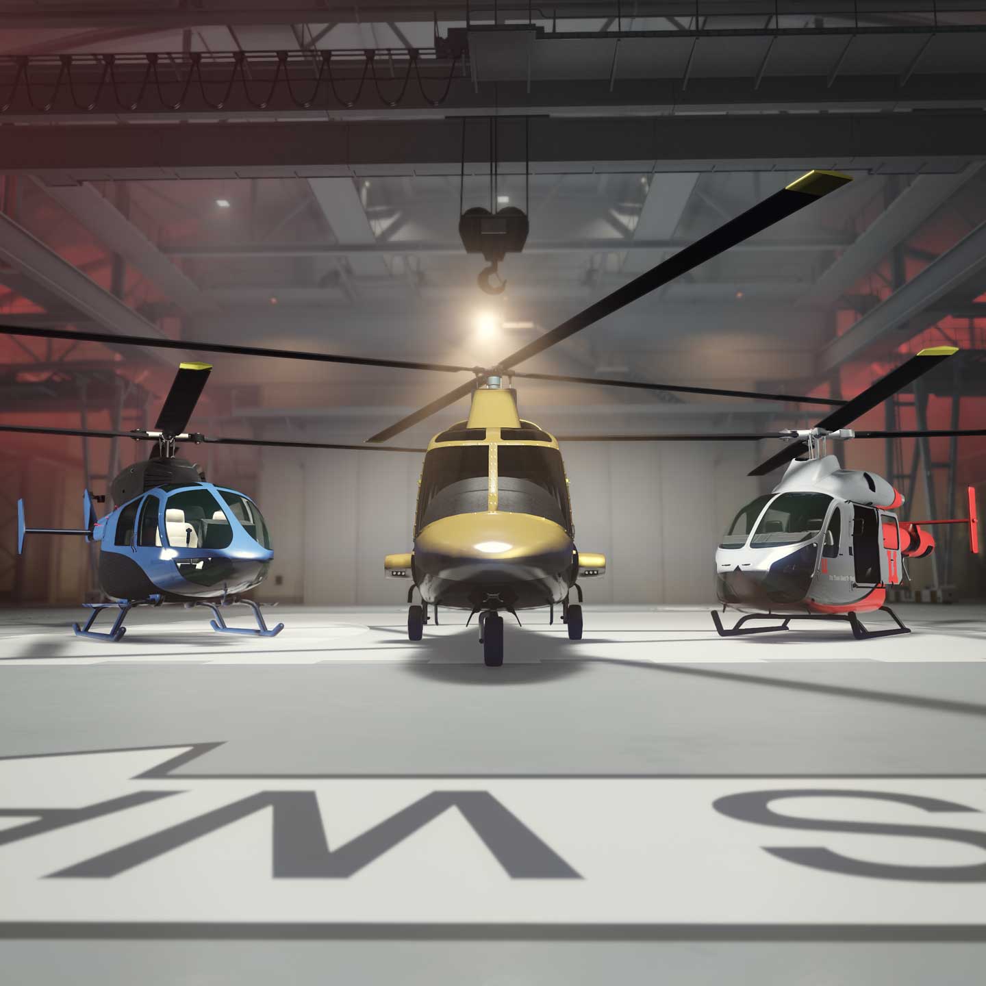 Three Buckingham helicopters side-by-side within a hangar.