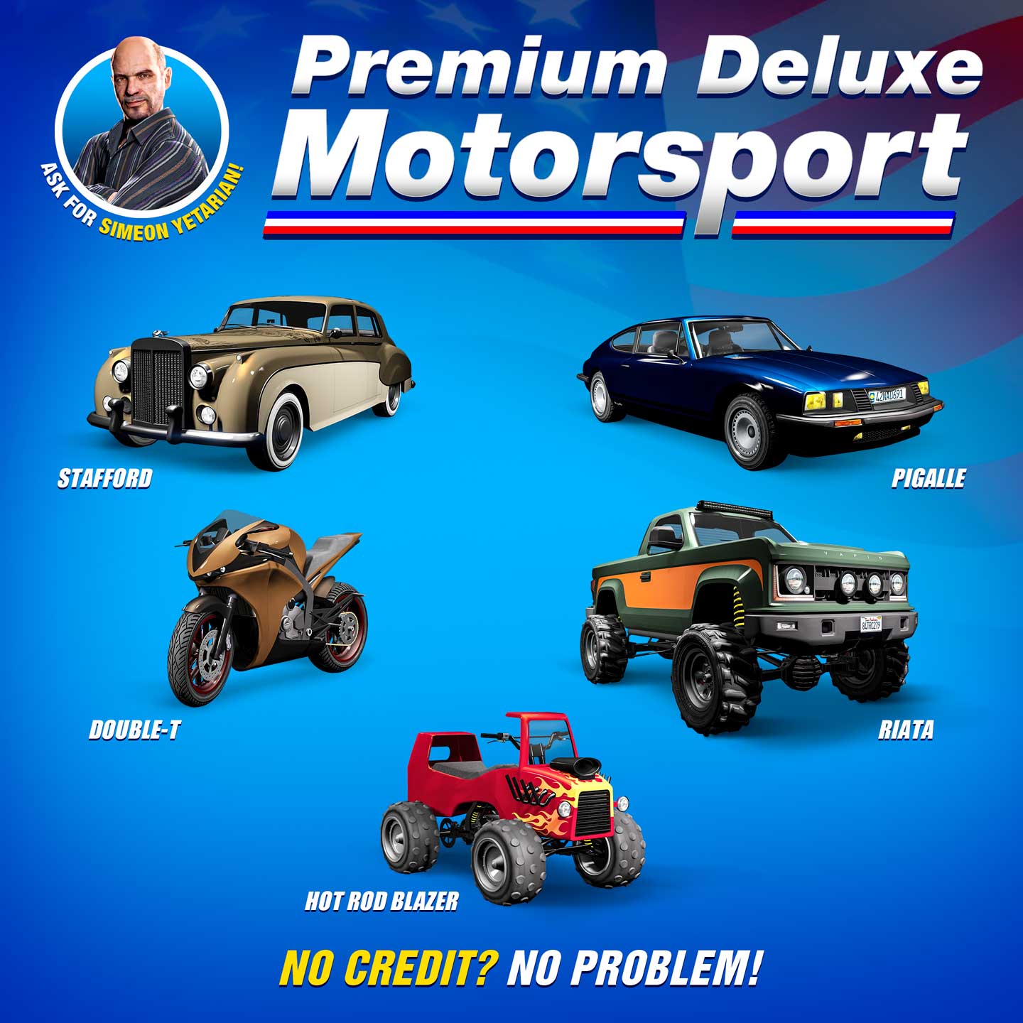 Premium Deluxe Motorsport poster for five vehicles: Enus Stafford, Lampadati Pigalle, Nagasaki Hot Rod Blazer, Vapid Riata, and Dinka Double-T.