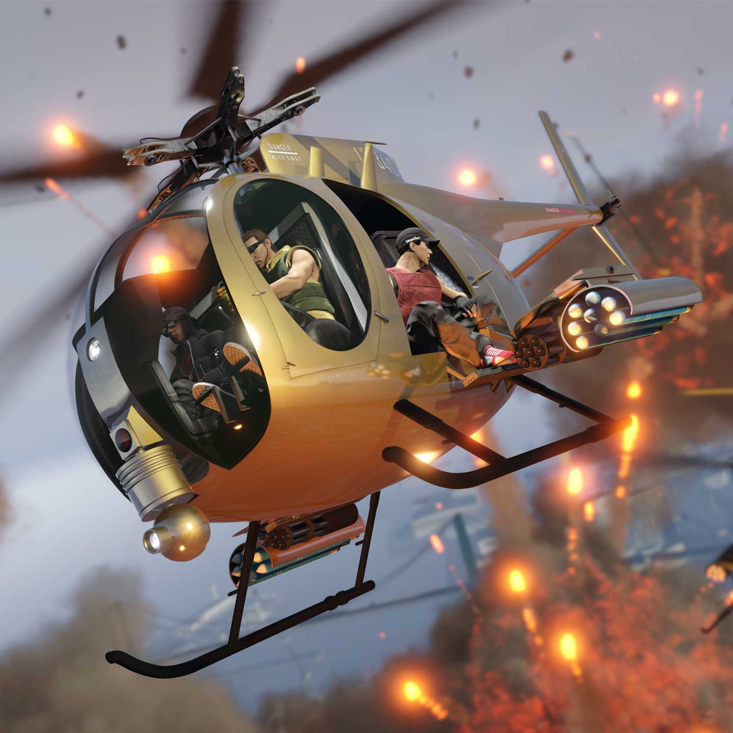 A Gold Buzzard Attack Chopper flies amongst other helicopters and mid-air explosions.