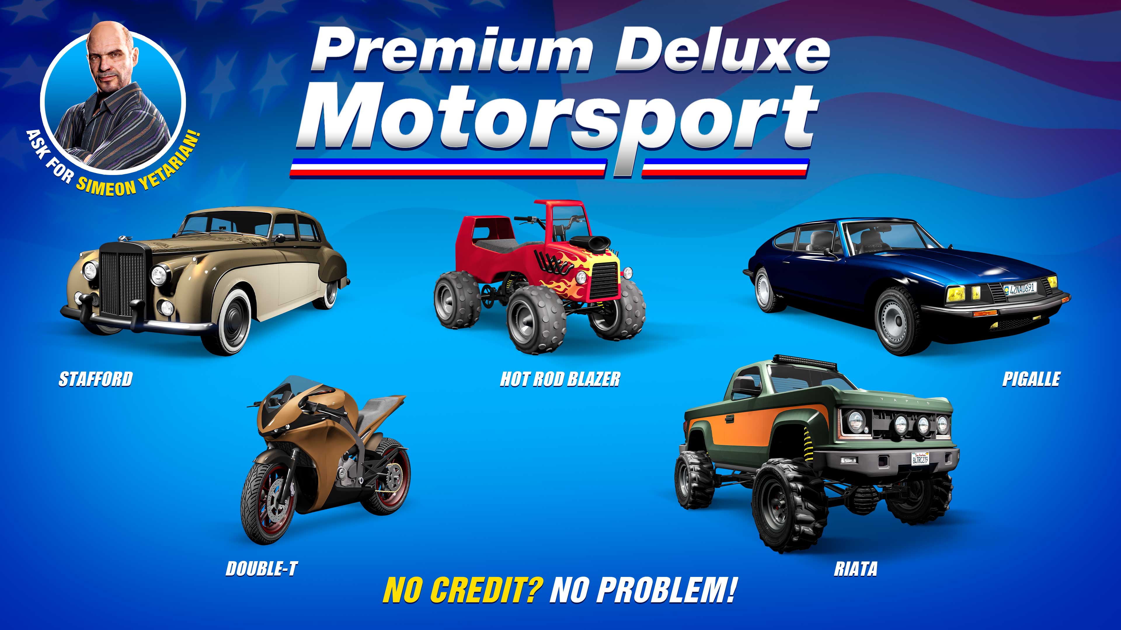 Premium Deluxe Motorsport poster for five vehicles: Enus Stafford, Lampadati Pigalle, Nagasaki Hot Rod Blazer, Vapid Riata, and Dinka Double-T.