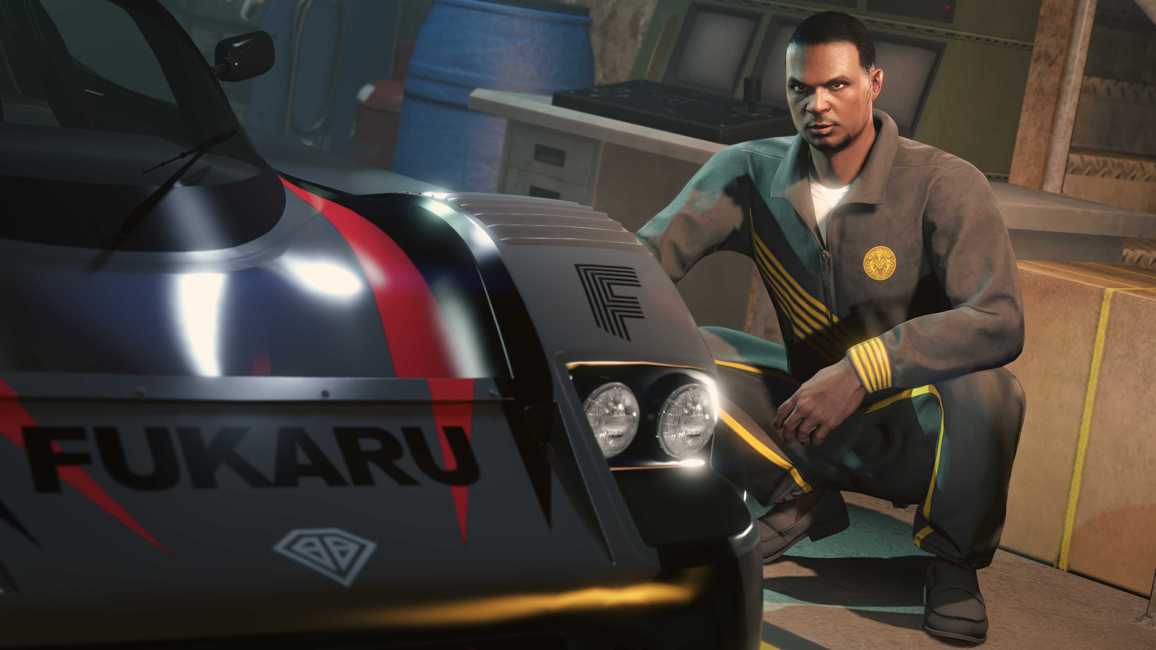 A GTA Online character wearing “The Sultan” Overalls — black with yellow stripes on the chest, cuffs, and legs.