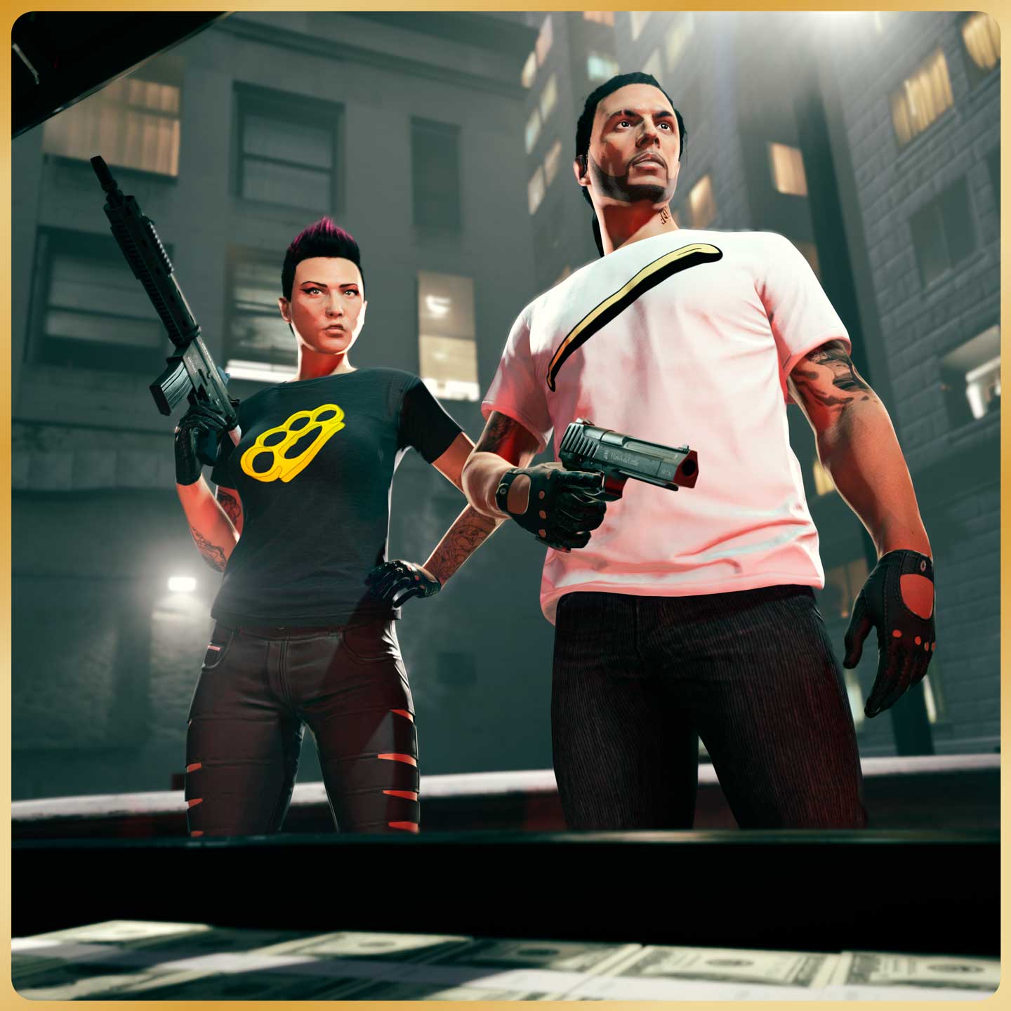 GTA 在线模式角色穿着手指虎 T 恤和棒球棍 T 恤的图片