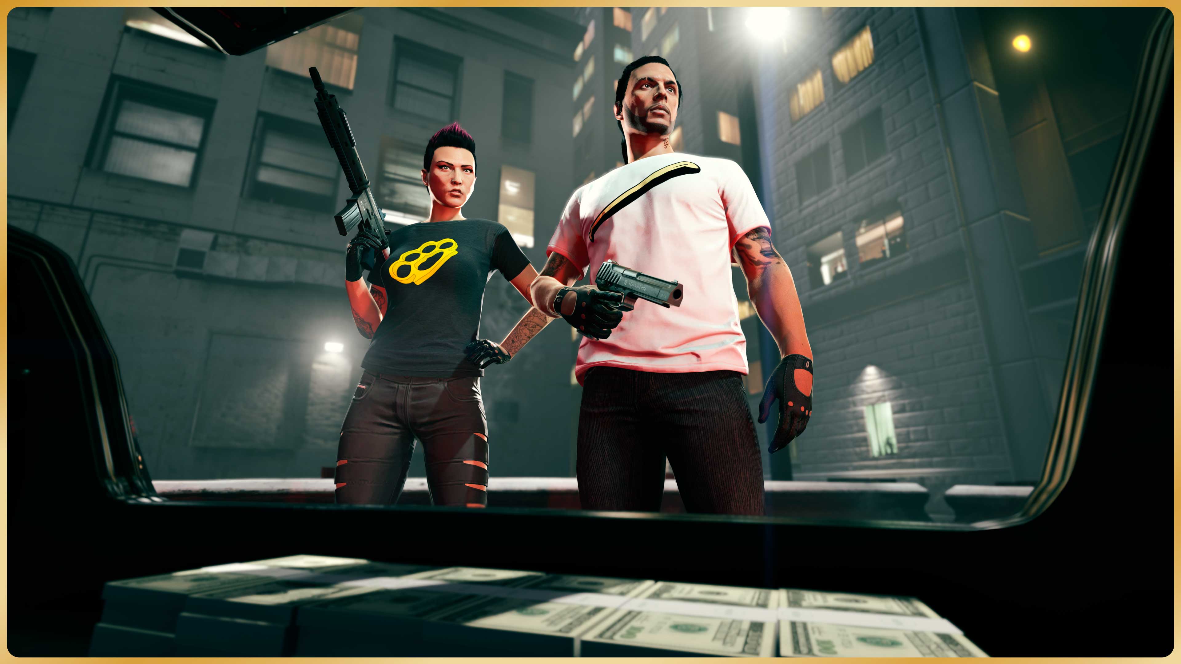 GTA 在线模式角色穿着手指虎 T 恤和棒球棍 T 恤的图片