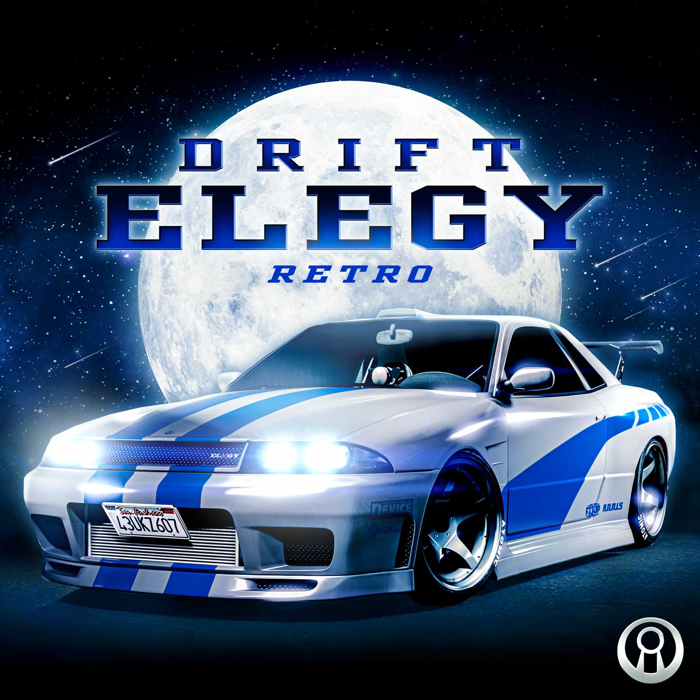 Poster for the Drift Elegy Retro car showing it displayed in front of a large moon surrounded by stars and comets.