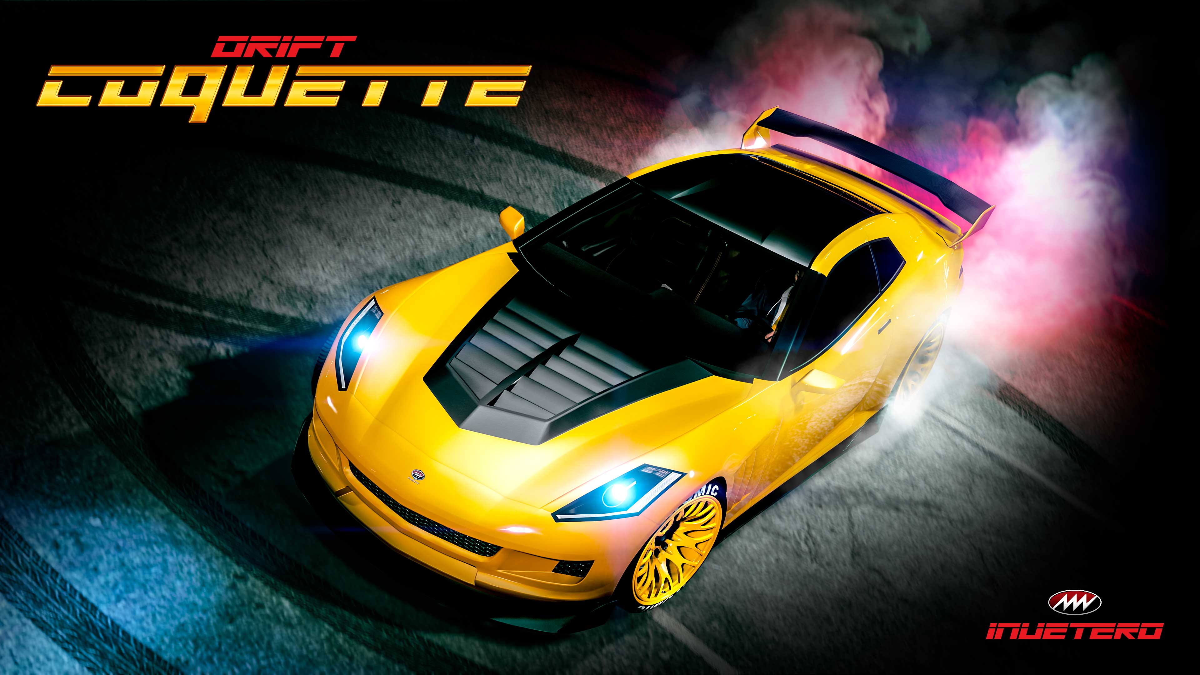 Poster for the Invetero Drift Coquette car featuring it drifting on tarmac.