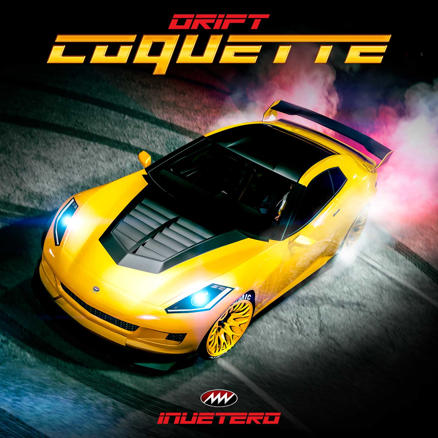 Poster for the Invetero Drift Coquette car featuring it drifting on tarmac.