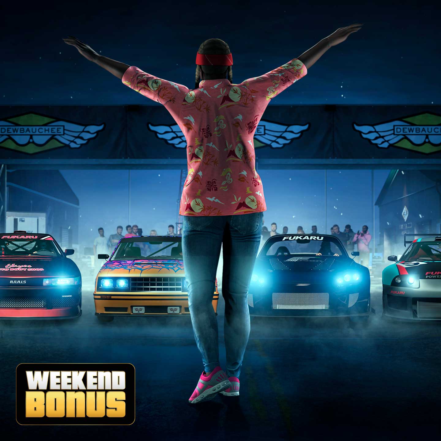 A character with their arms splayed out stands in front of four cars lined up under a starting line banner.