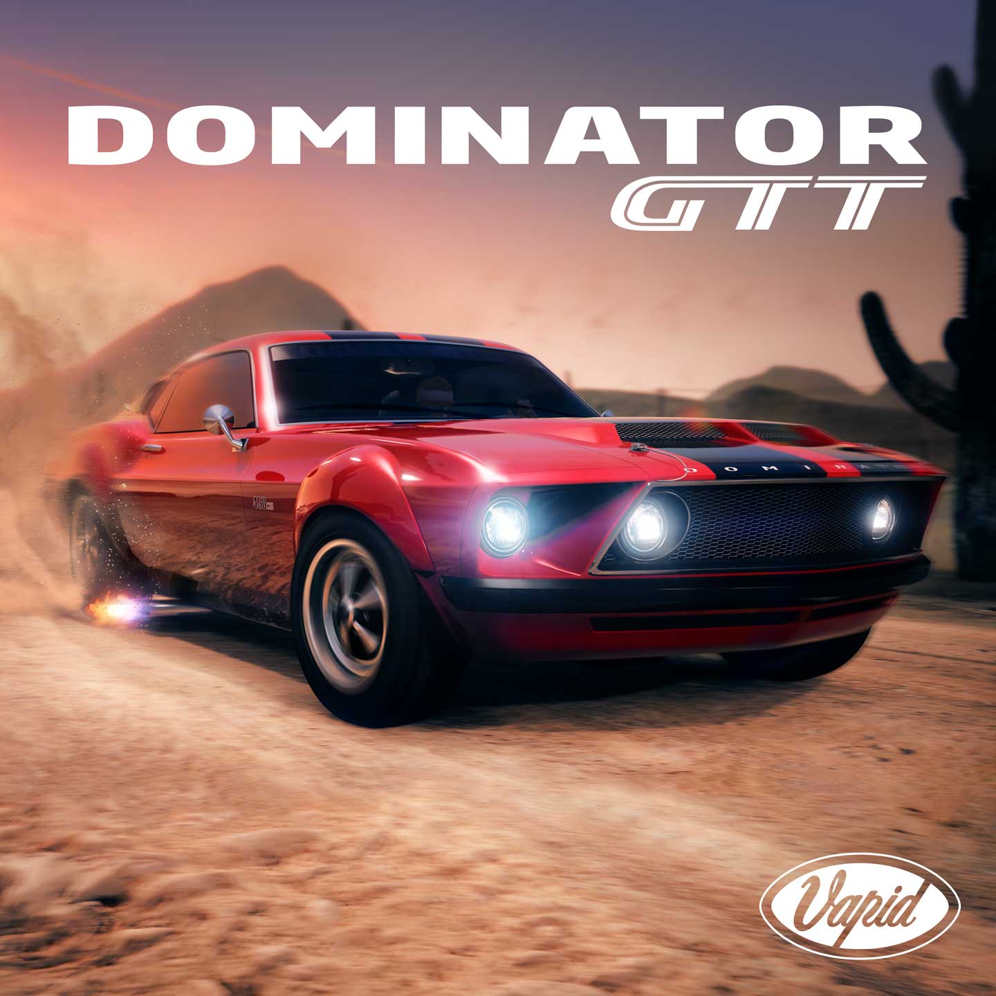 Poster for the Vapid Dominator GTT car featuring it driving through a dusty desert.