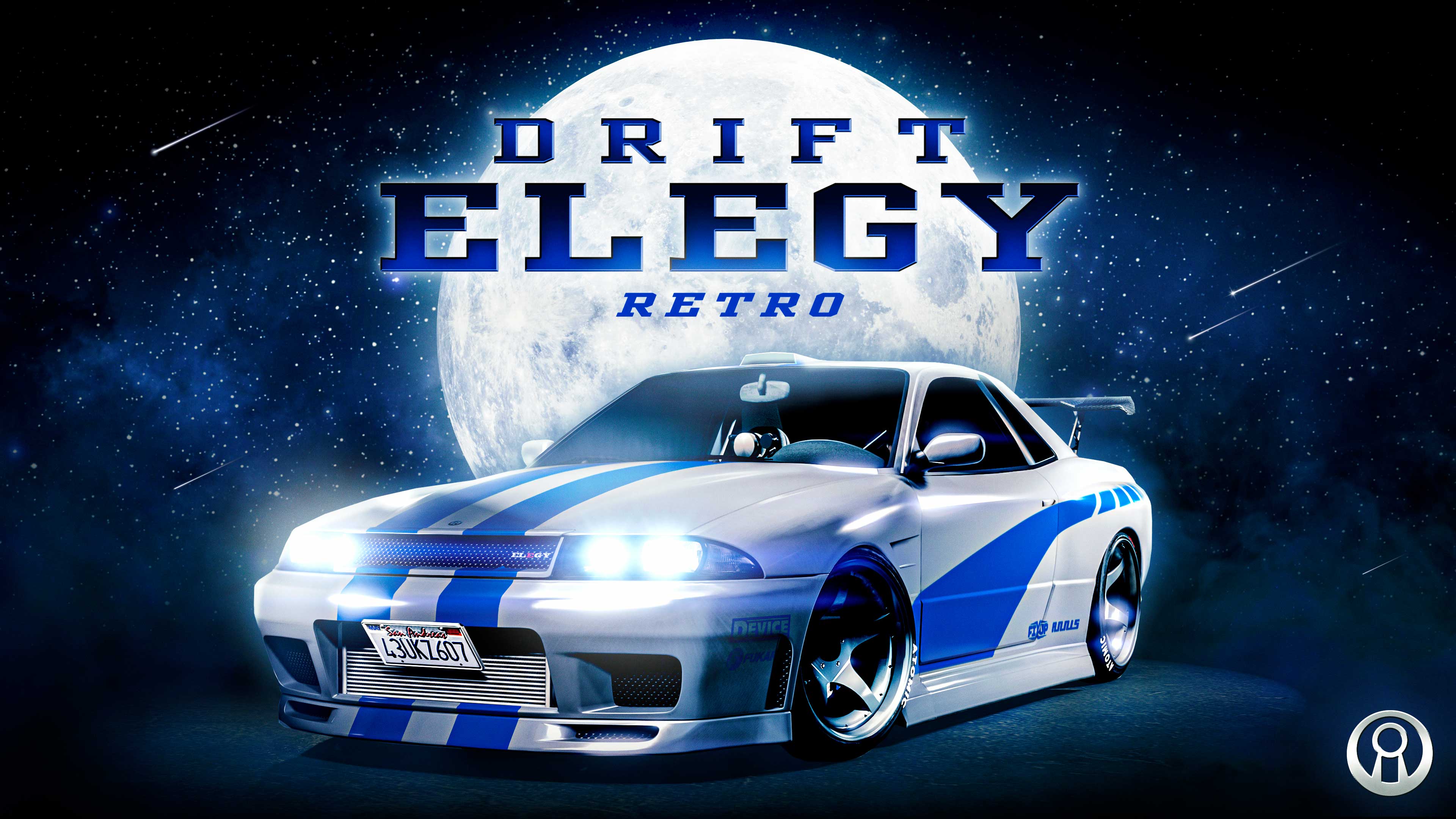 Poster for the Drift Elegy Retro car showing it displayed in front of a large moon surrounded by stars and comets.
