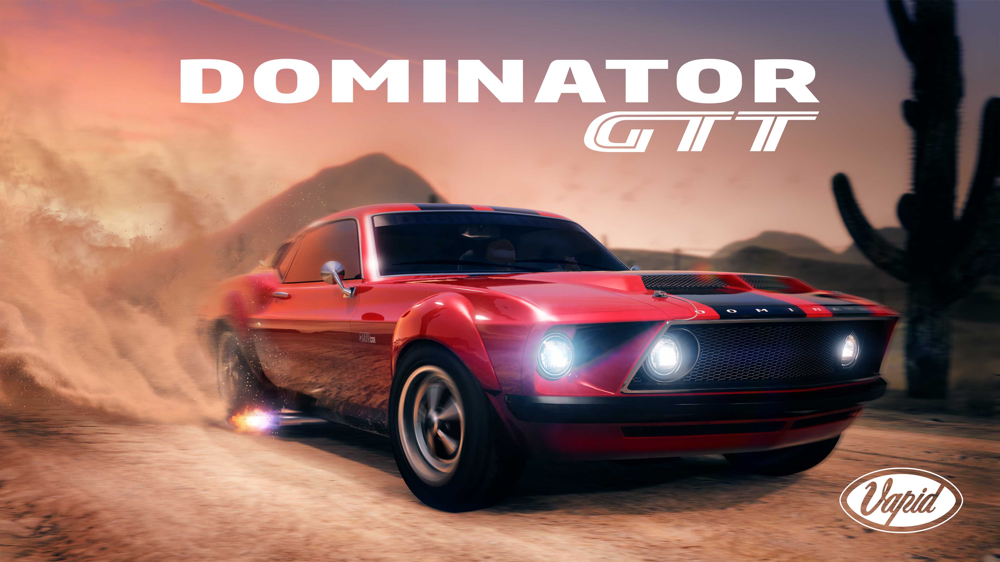 Poster for the Vapid Dominator GTT car featuring it driving through a dusty desert.