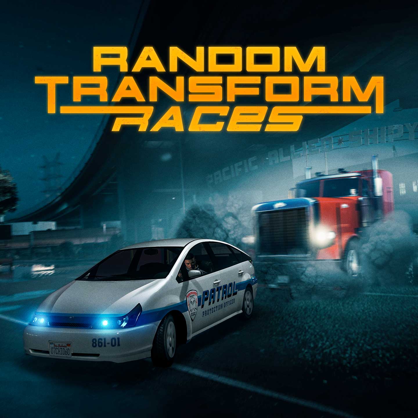 Random Transform Races poster featuring a white Patrol Protection Officer vehicle driving from a pursuing truck.