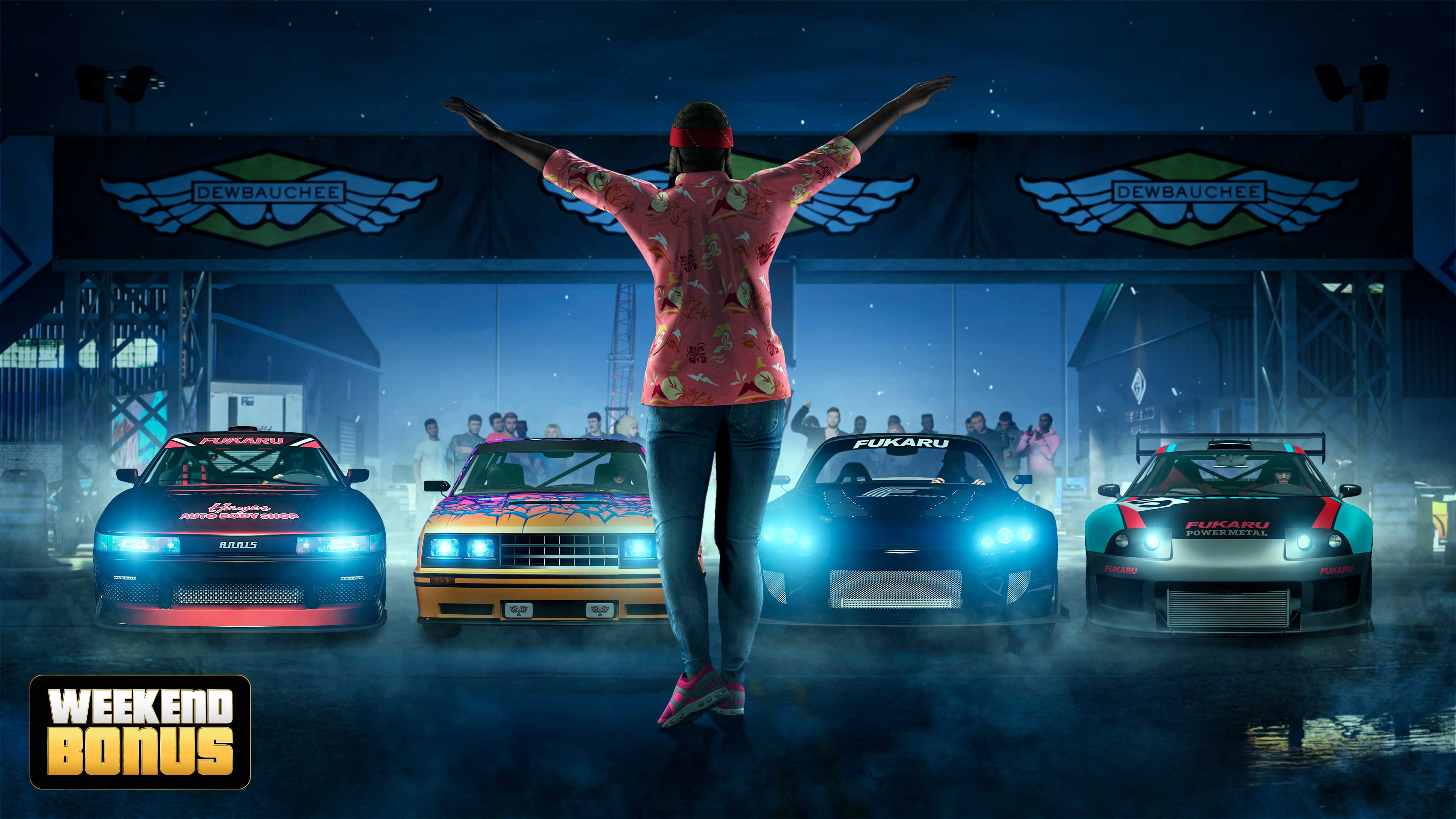 A character with their arms splayed out stands in front of four cars lined up under a starting line banner.