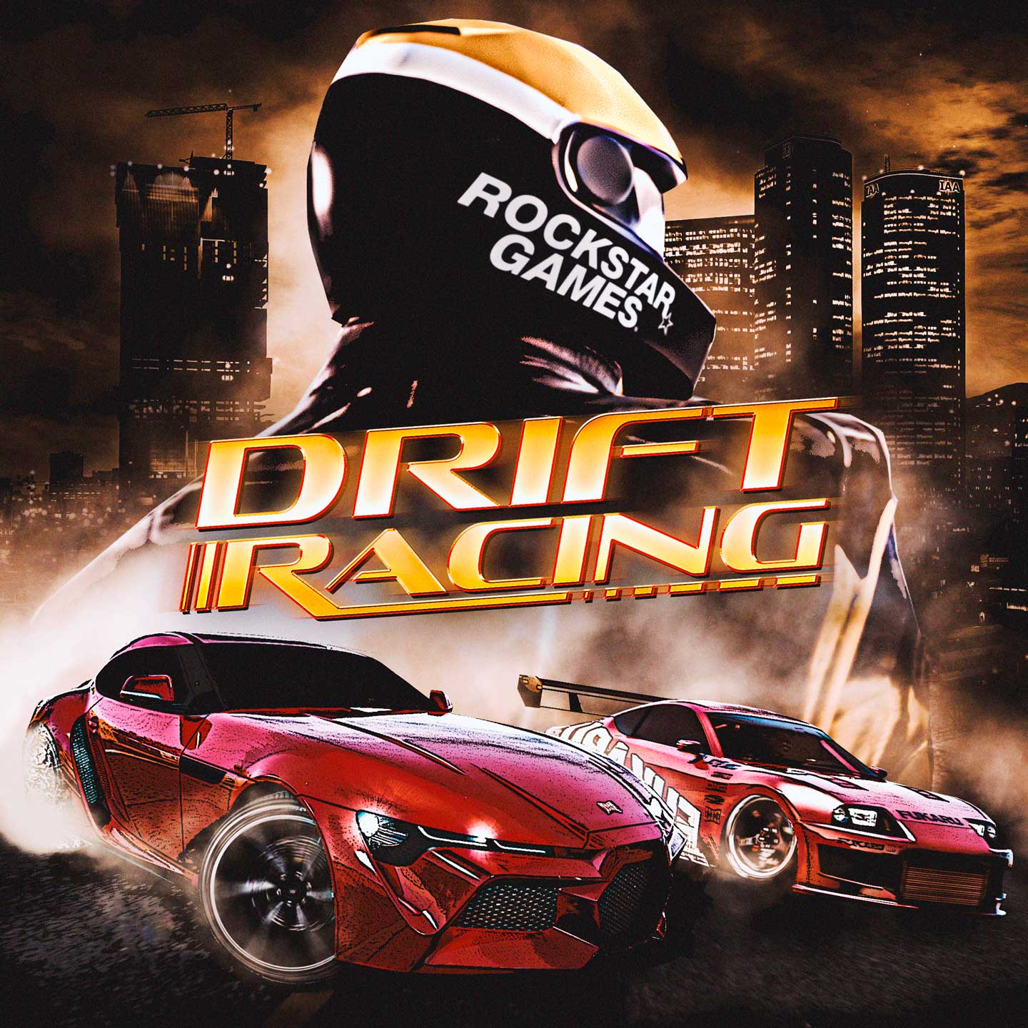Drift Racing event poster featuring two cars drifting on a road and a GTA Online character in the background wearing a Rockstar Games racing helmet.