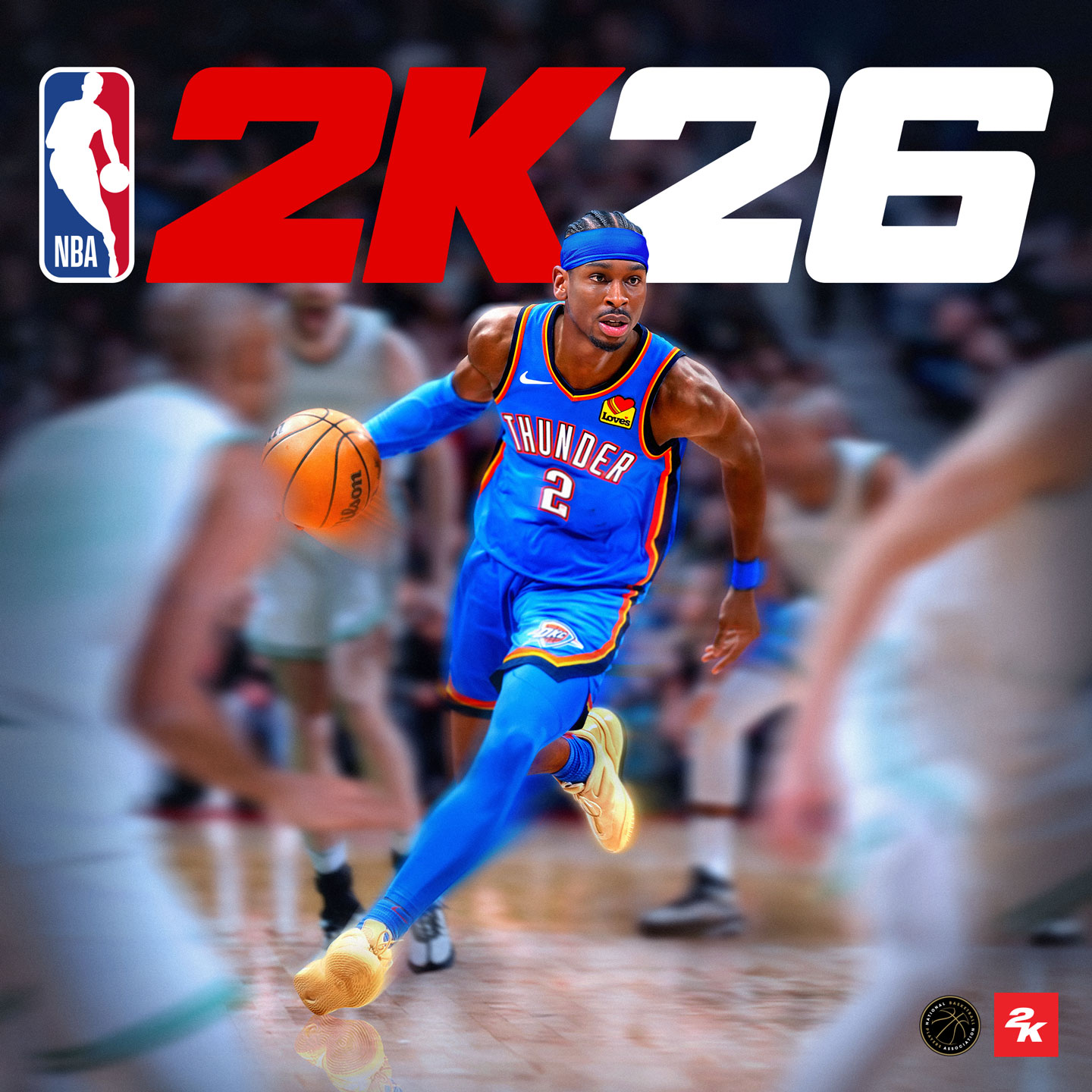 NBA 2K26封面图片，绘有谢伊·吉尔杰斯-亚历山大，身穿俄克拉荷马城雷霆队的蓝色队服，在篮球场上。