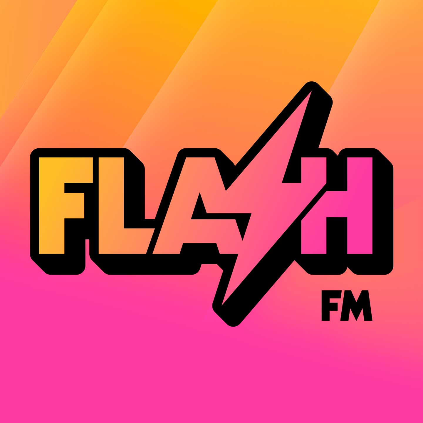 闪电FM徽标，绘有一道闪电，形似闪电Flash中的S字母。